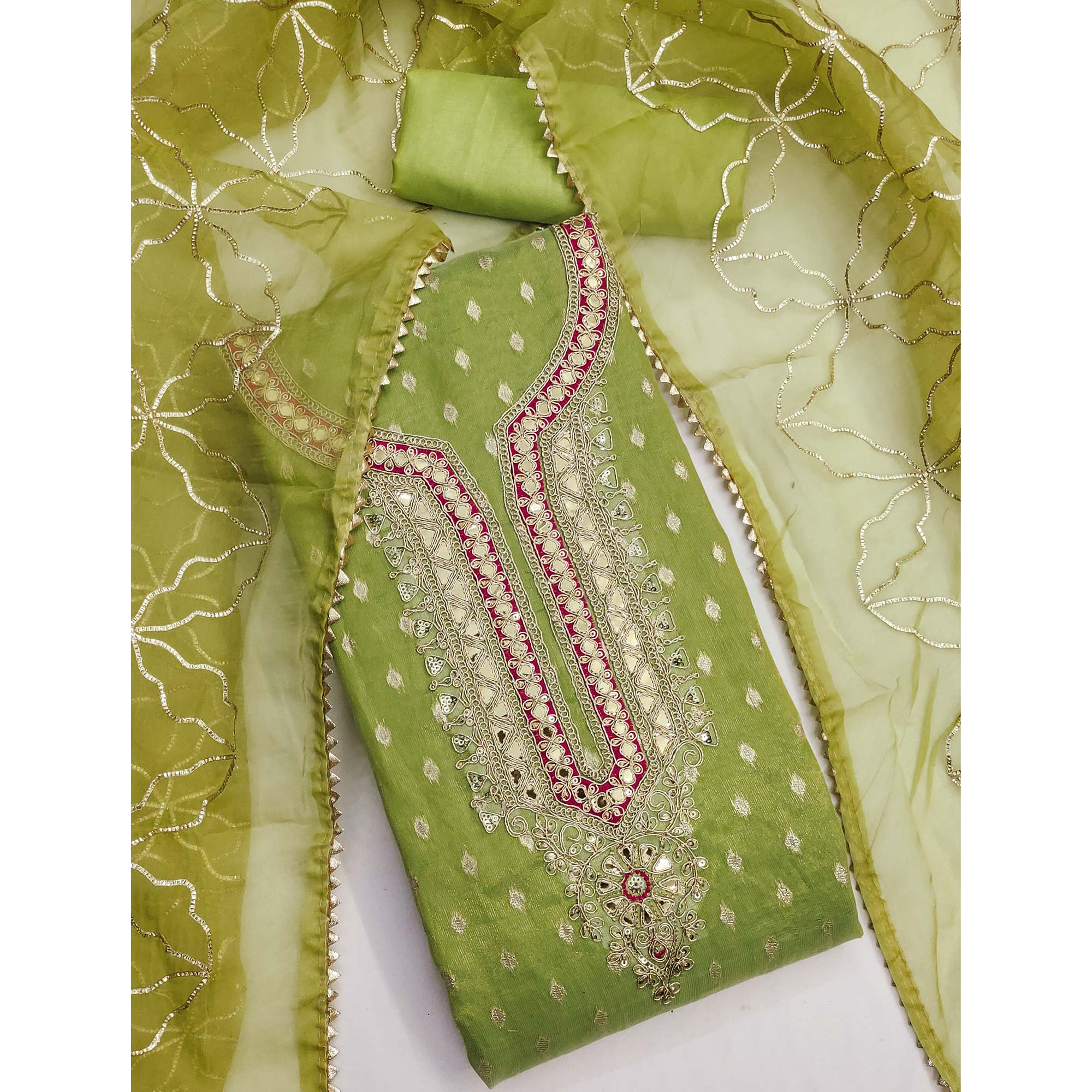 Green Woven Shimmer Silk Dress Material Adorned With Sequins & Gota Patti Work