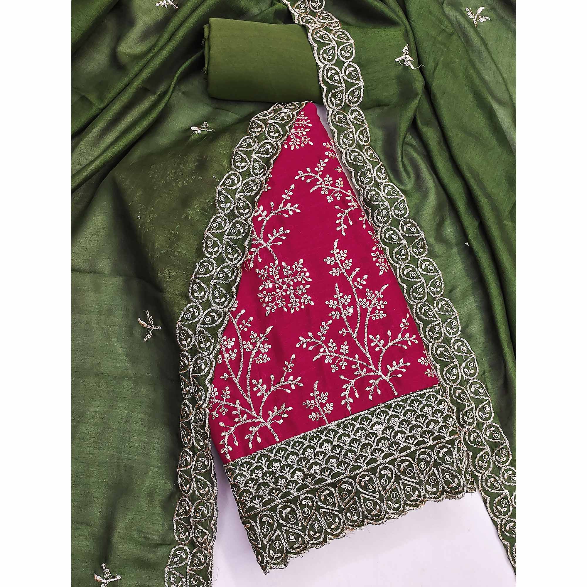 Pink Vichitra Silk Dress Material With Exquisite Sequins & Zari Embroidery