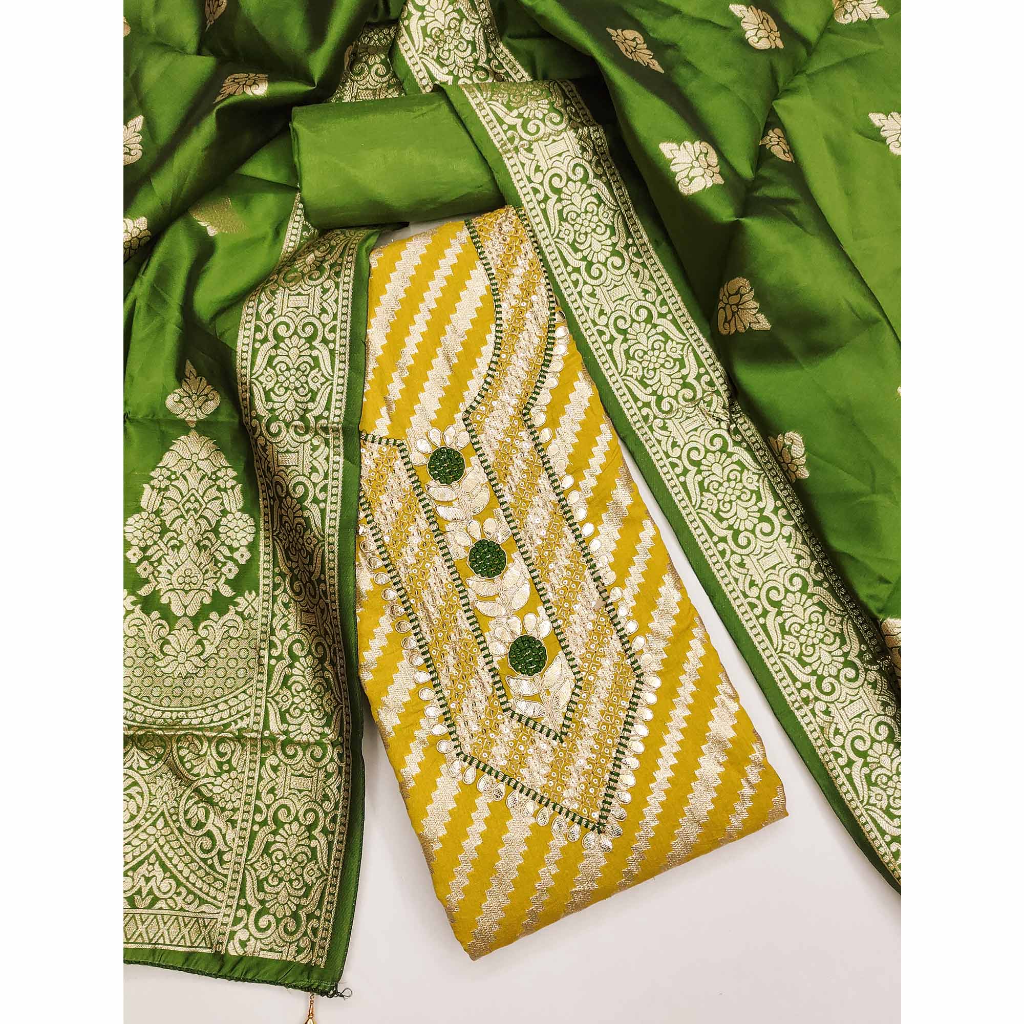 Mustard Woven With Sequins Embroidery & Gota Patti Work Banarasi Silk Dress Material