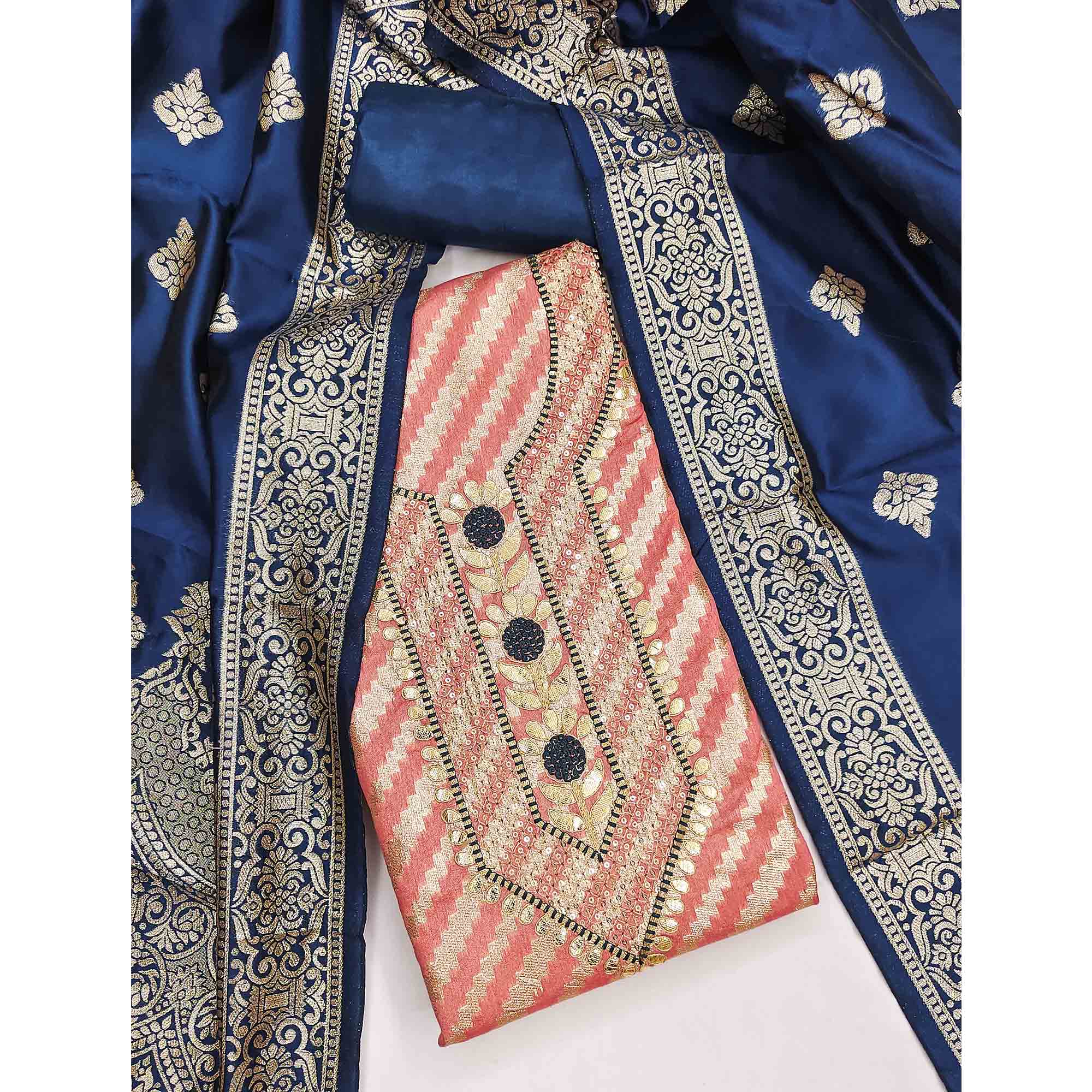 Peach Woven With Sequins Embroidery & Gota Patti Work Banarasi Silk Dress Material