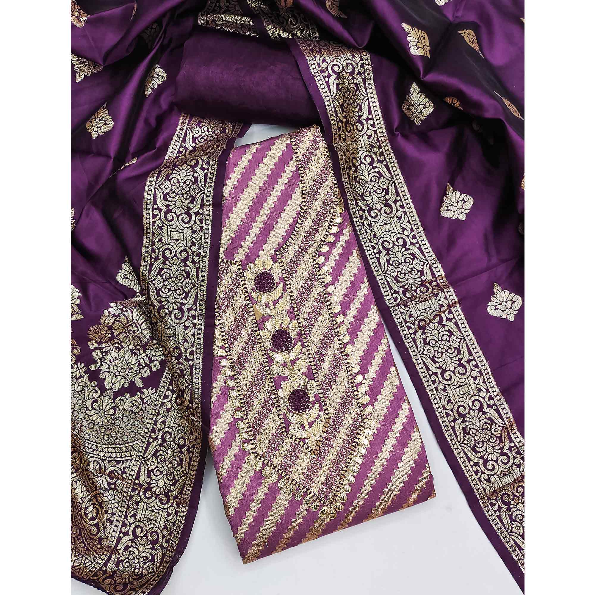 Purple Woven With Sequins Embroidery & Gota Patti Work Banarasi Silk Dress Material
