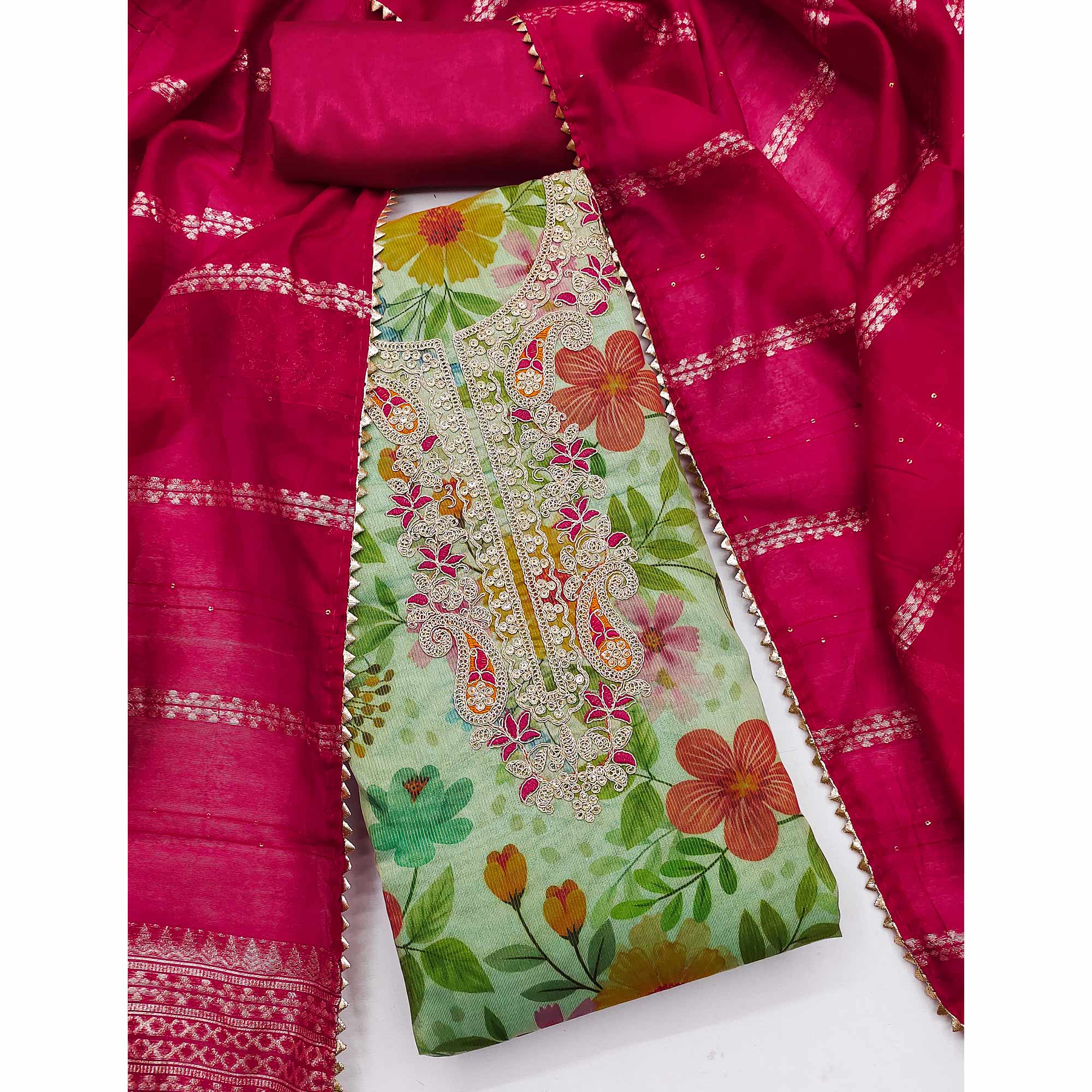 Green Shimmer Silk Dress Material With Floral Digital Print & Sequins Embroidery