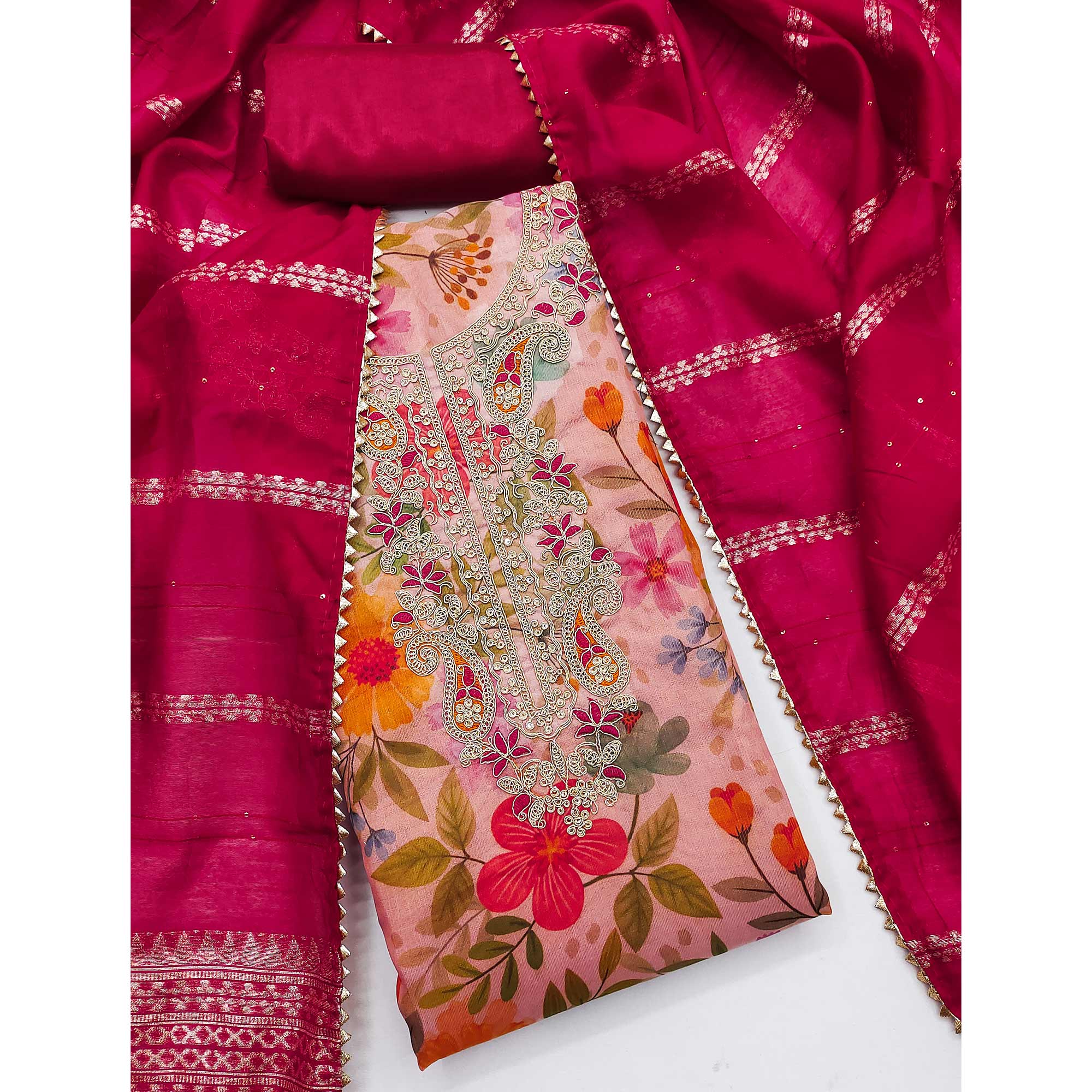 Pink Shimmer Silk Dress Material With Floral Digital Print & Sequins Embroidery