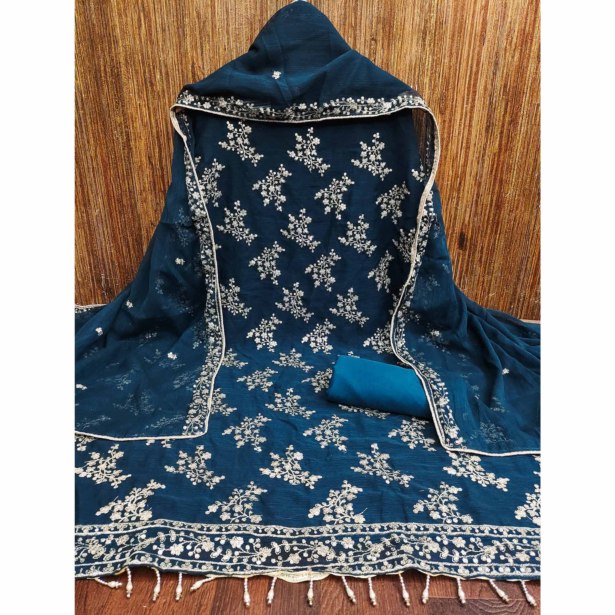 Blue Zomato Art Silk Dress Material Adorned With Floral Sequins Embroidery