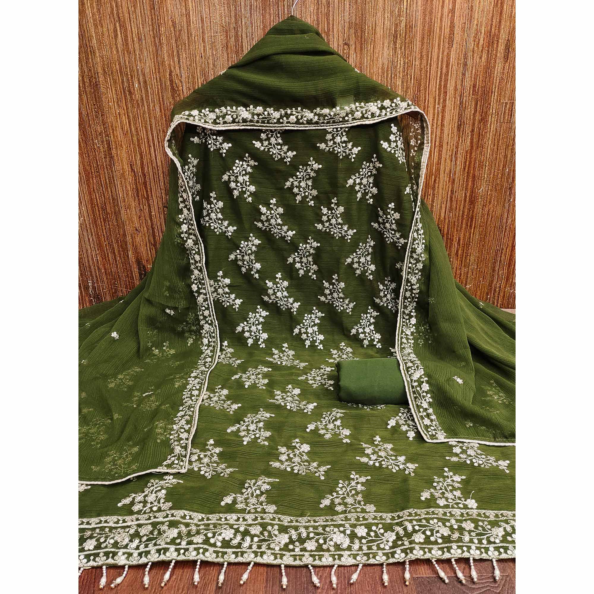Green Zomato Art Silk Dress Material Adorned With Floral Sequins Embroidery