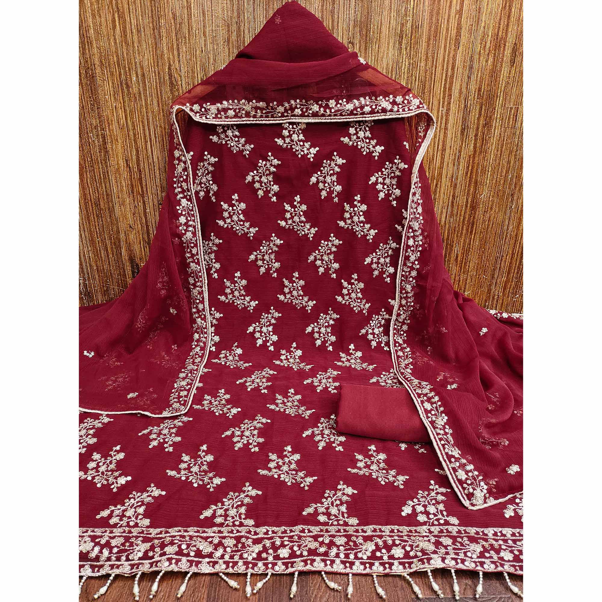 Maroon Zomato Art Silk Dress Material Adorned With Floral Sequins Embroidery