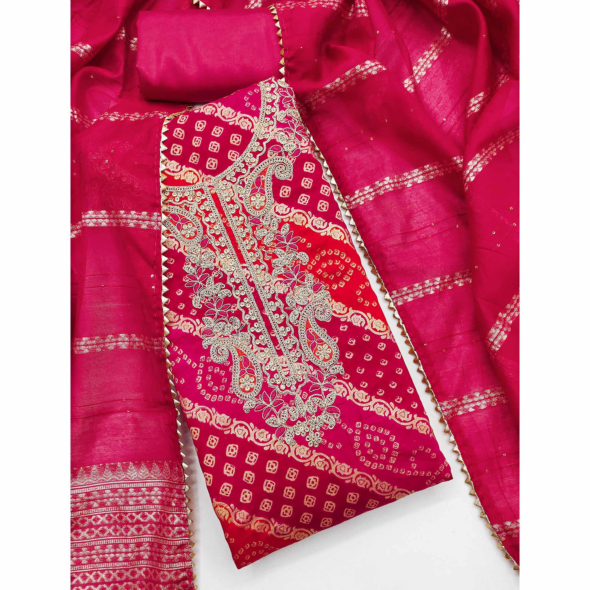 Rani Pink Bandhani Printed With Cording Sequins Emboridery Chanderi Silk Dress Material