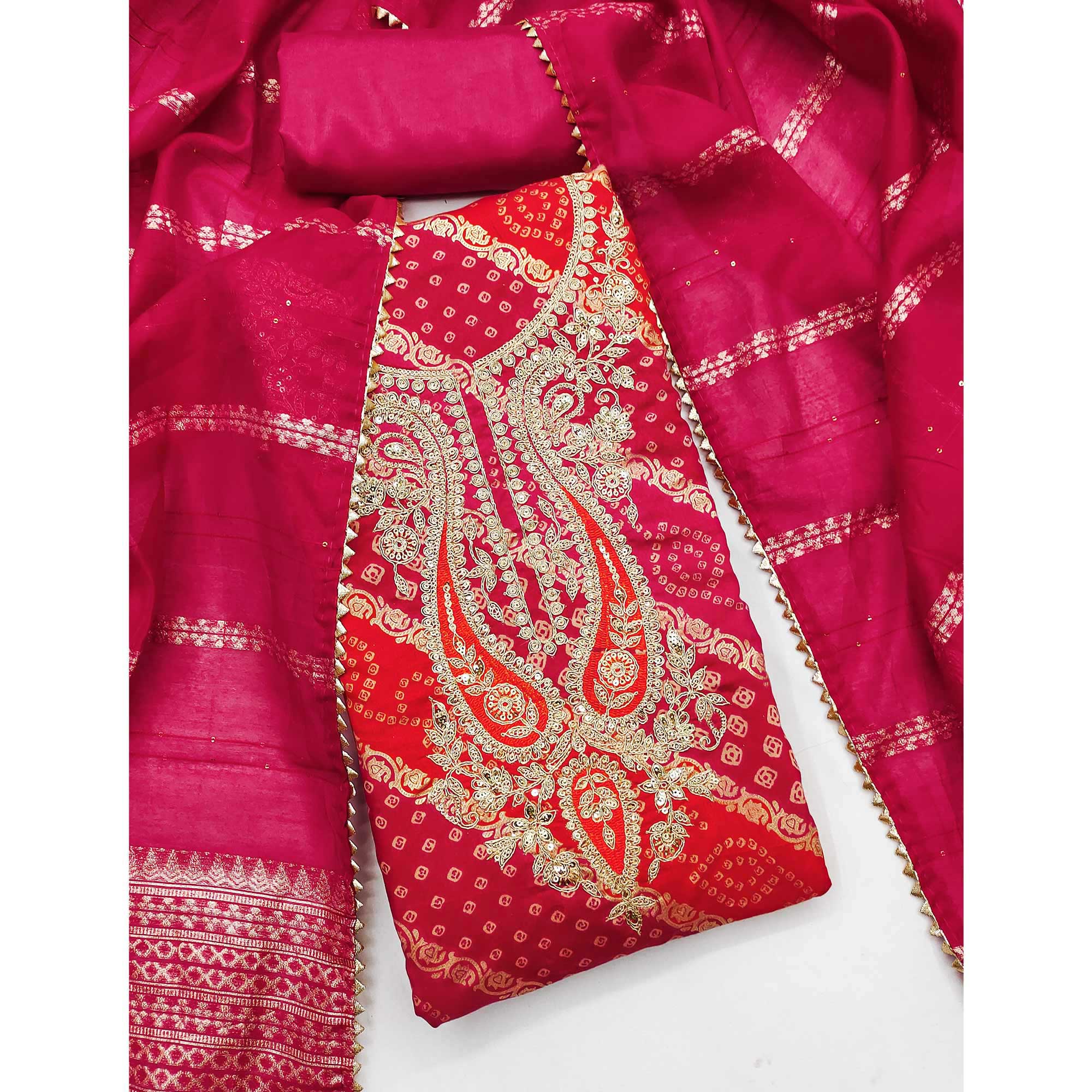 Rani Pink Bandhani Printed With Cording Sequins Emboridery Chanderi Silk Dress Material