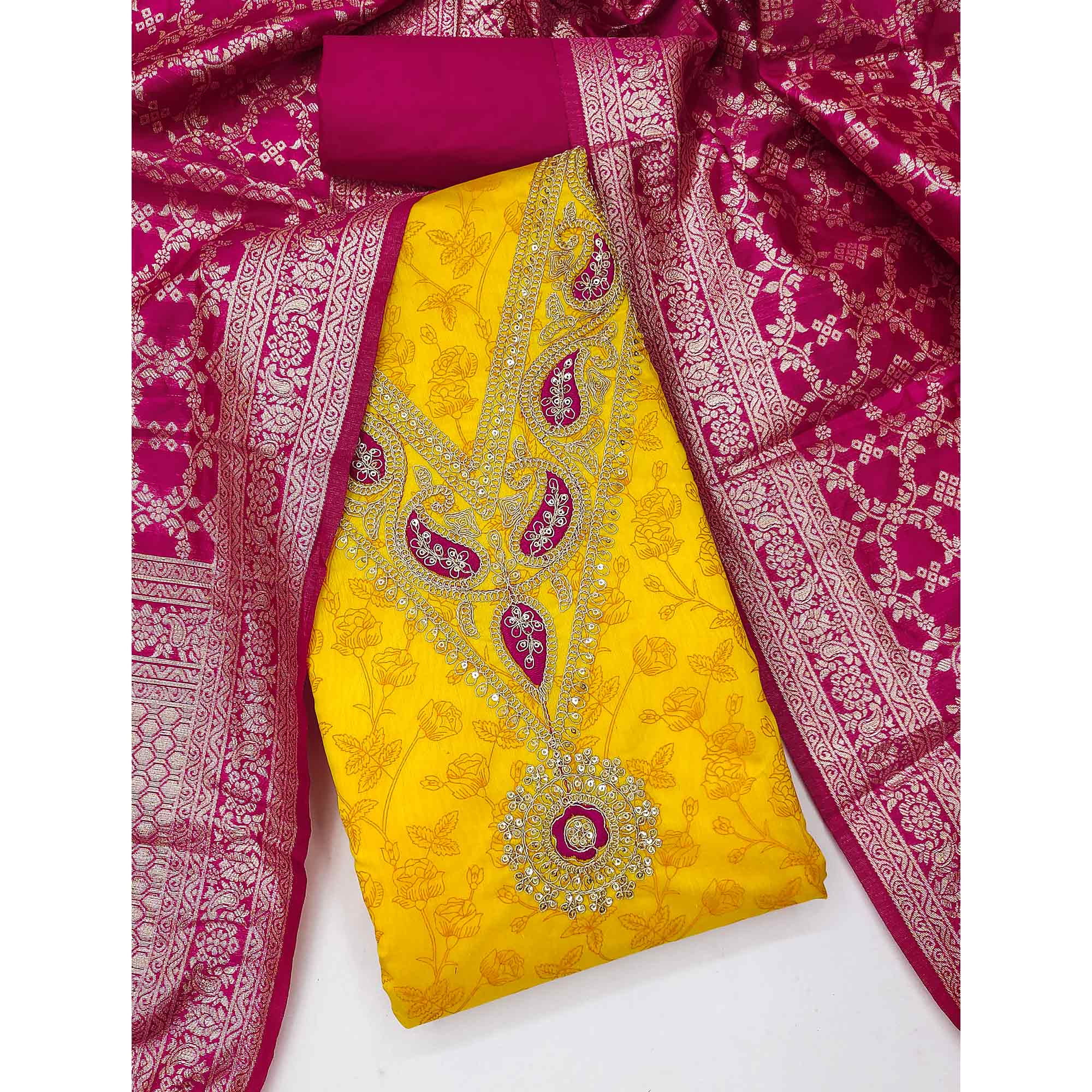 Yellow Floral Printed With Cording Sequins Embroidery Chanderi Silk Dress Material