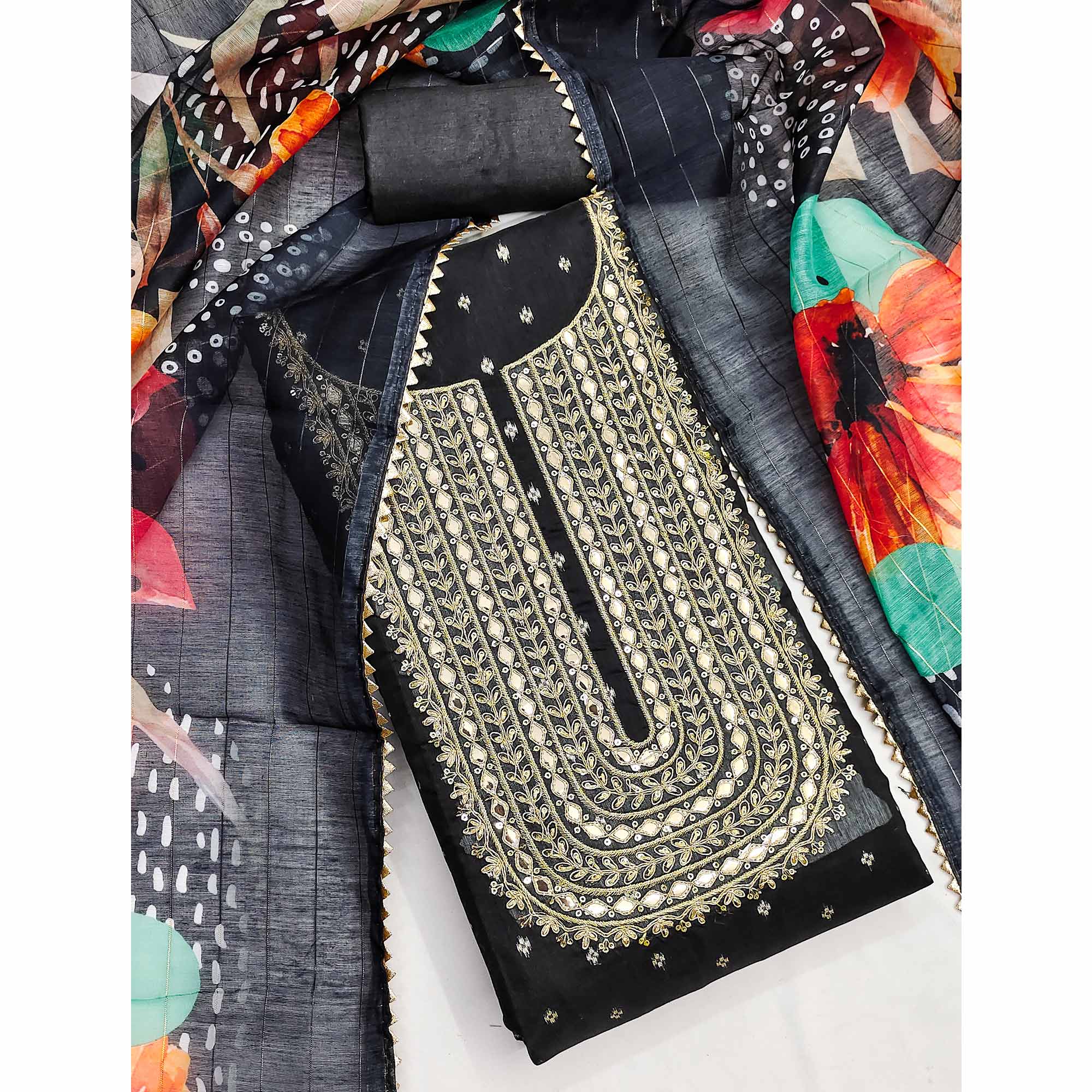 Black Woven With Cording Sequins Embroidered Chanderi Silk Dress Material