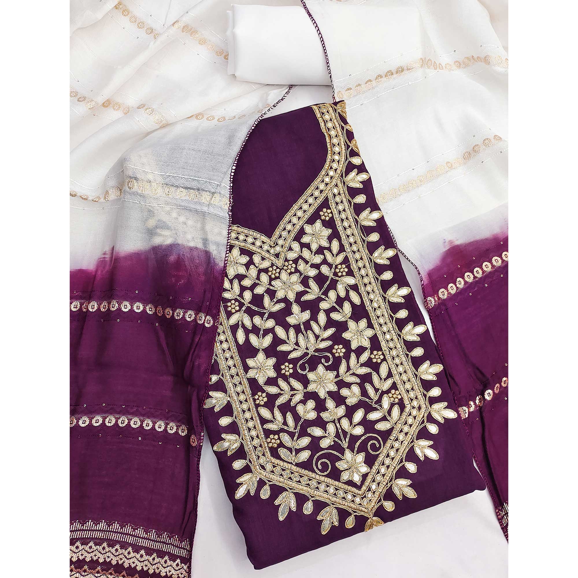 Wine Vichitra Silk Dress Material With Exquisite Floral Embroidery & Gota Patti Accents