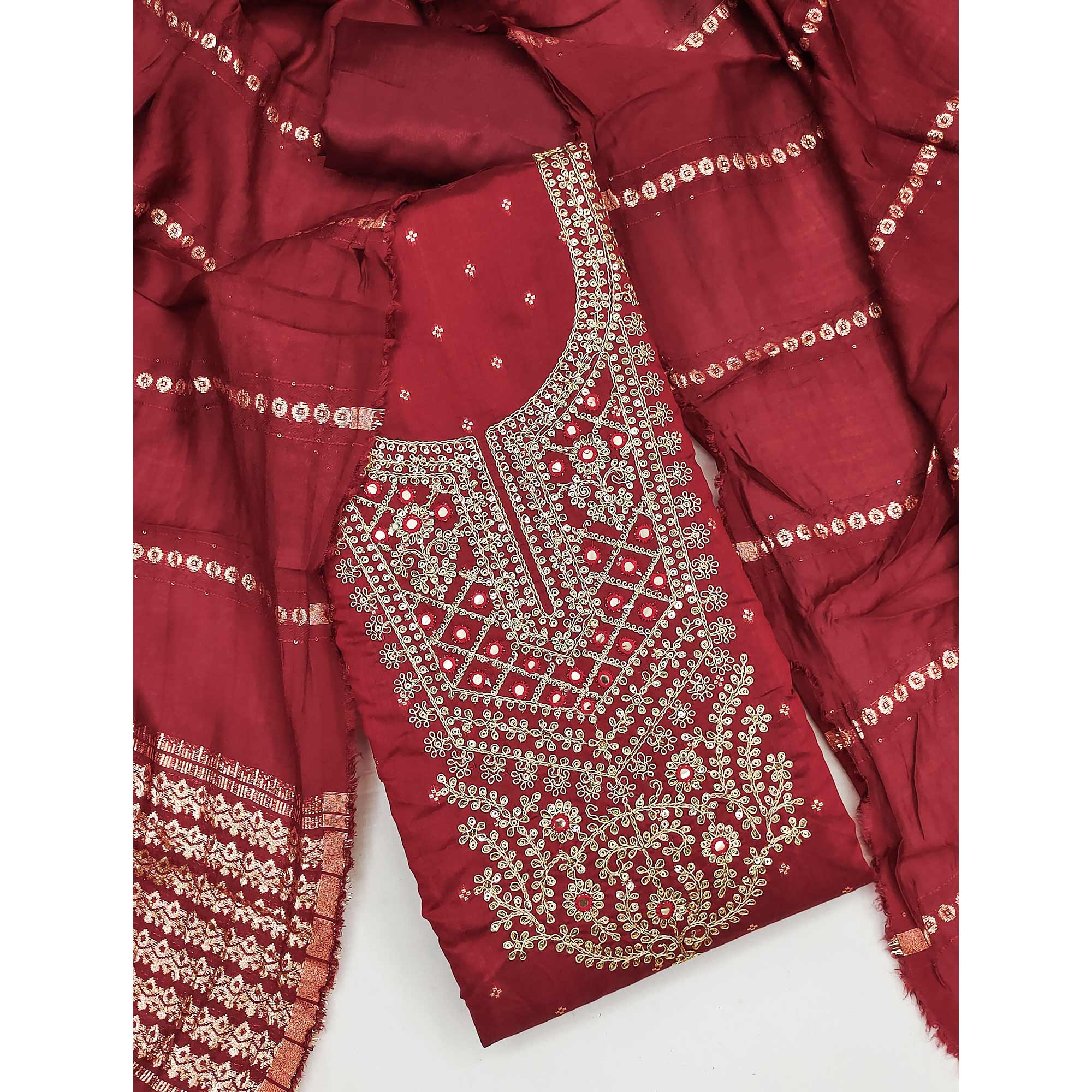 Maroon Chanderi Silk Dress Material With Intricate Floral Sequins Embroidery & Butti Work