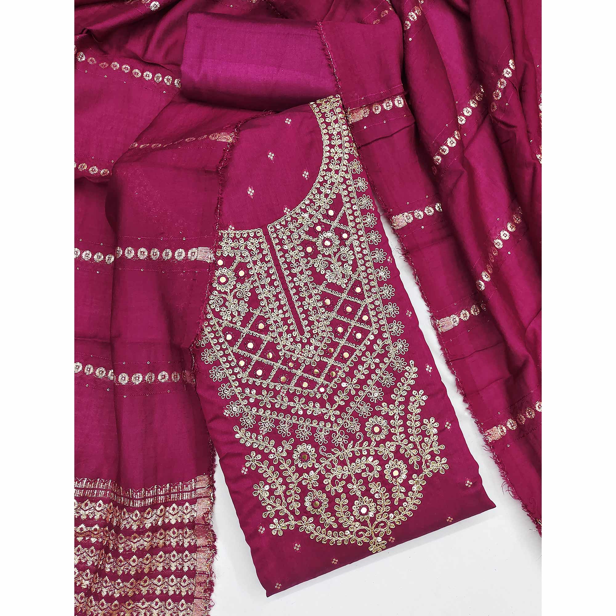 Rani Pink Chanderi Silk Dress Material With Intricate Floral Sequins Embroidery & Butti Work