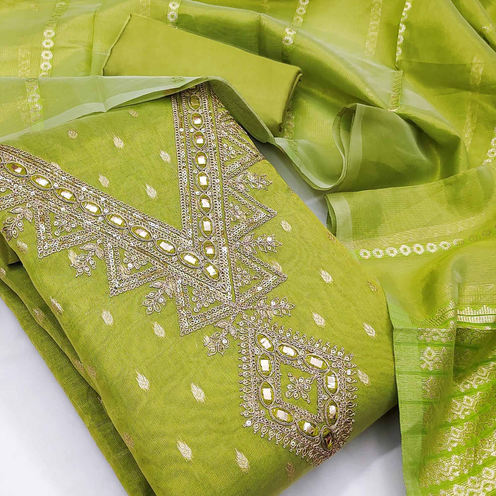 Green Jacquard Dress Material with Zari Weaving and Sequin Accents