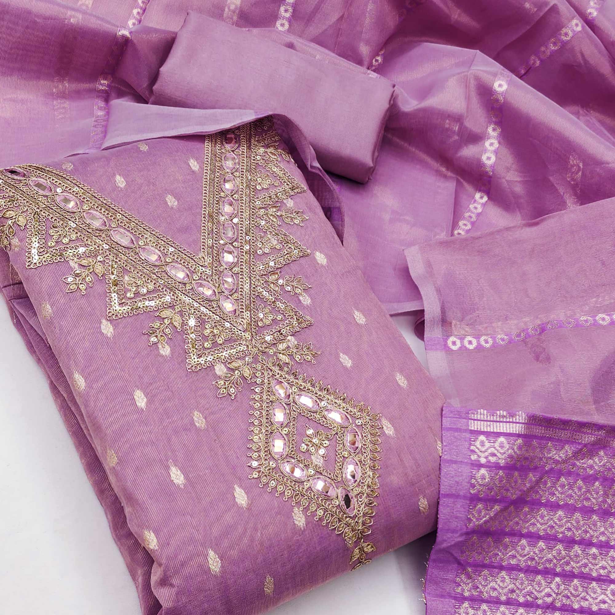 Lavender Jacquard Dress Material with Zari Weaving and Sequin Accents