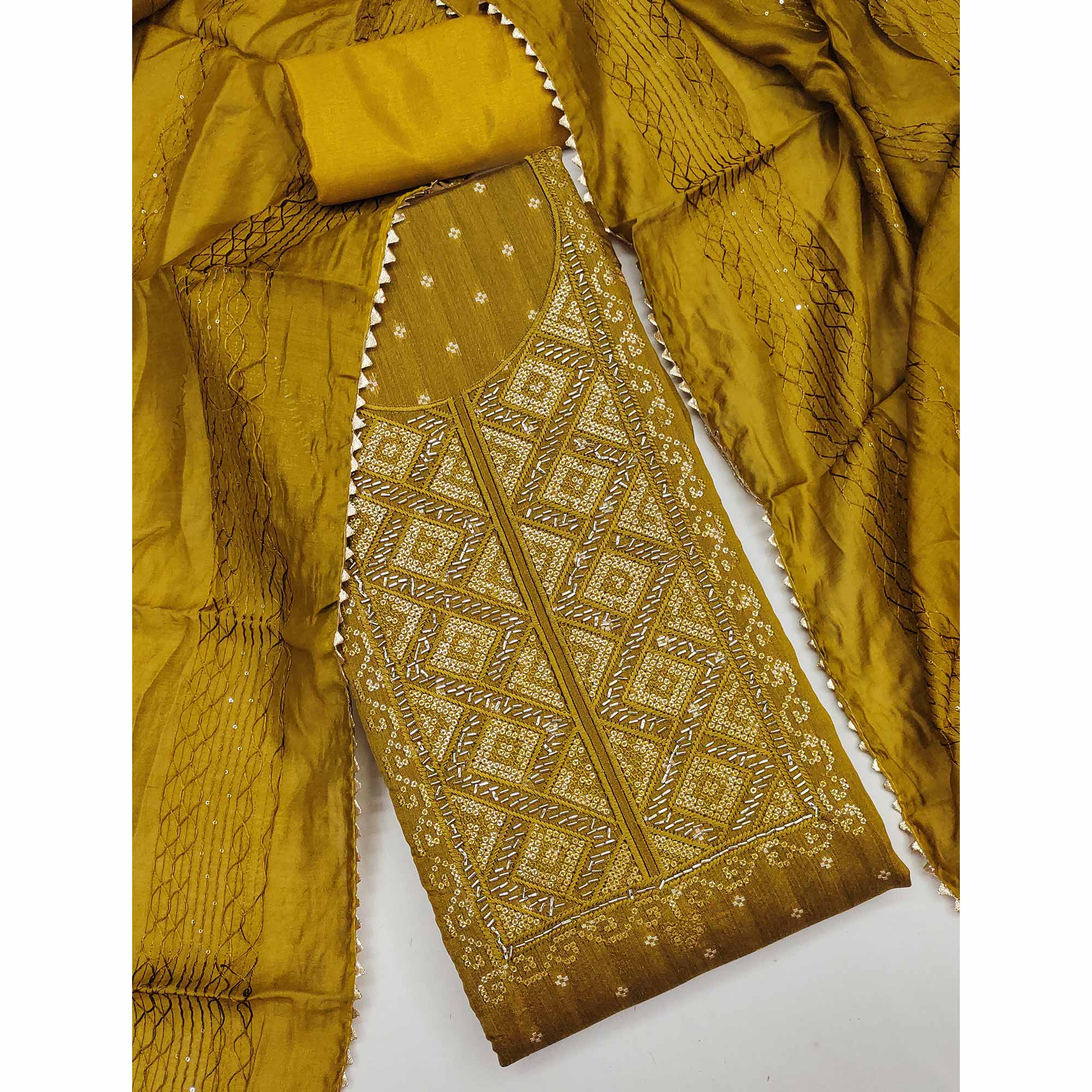 Mustard Shimmer Dress Material Featuring Zari Weaving & Beads Work