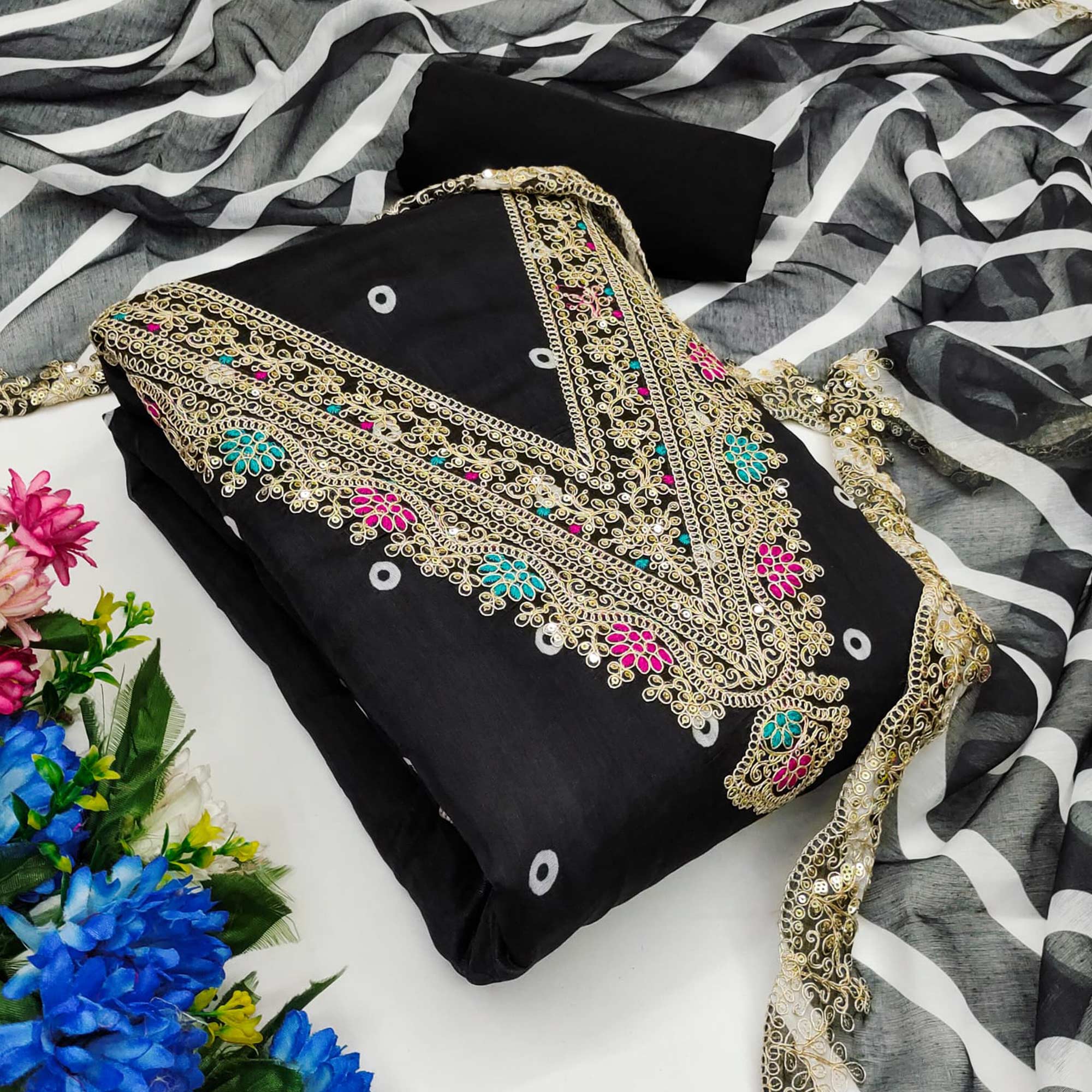 Black Printed Dress Material In Chanderi Silk with Intricate Cording & Sequin Work