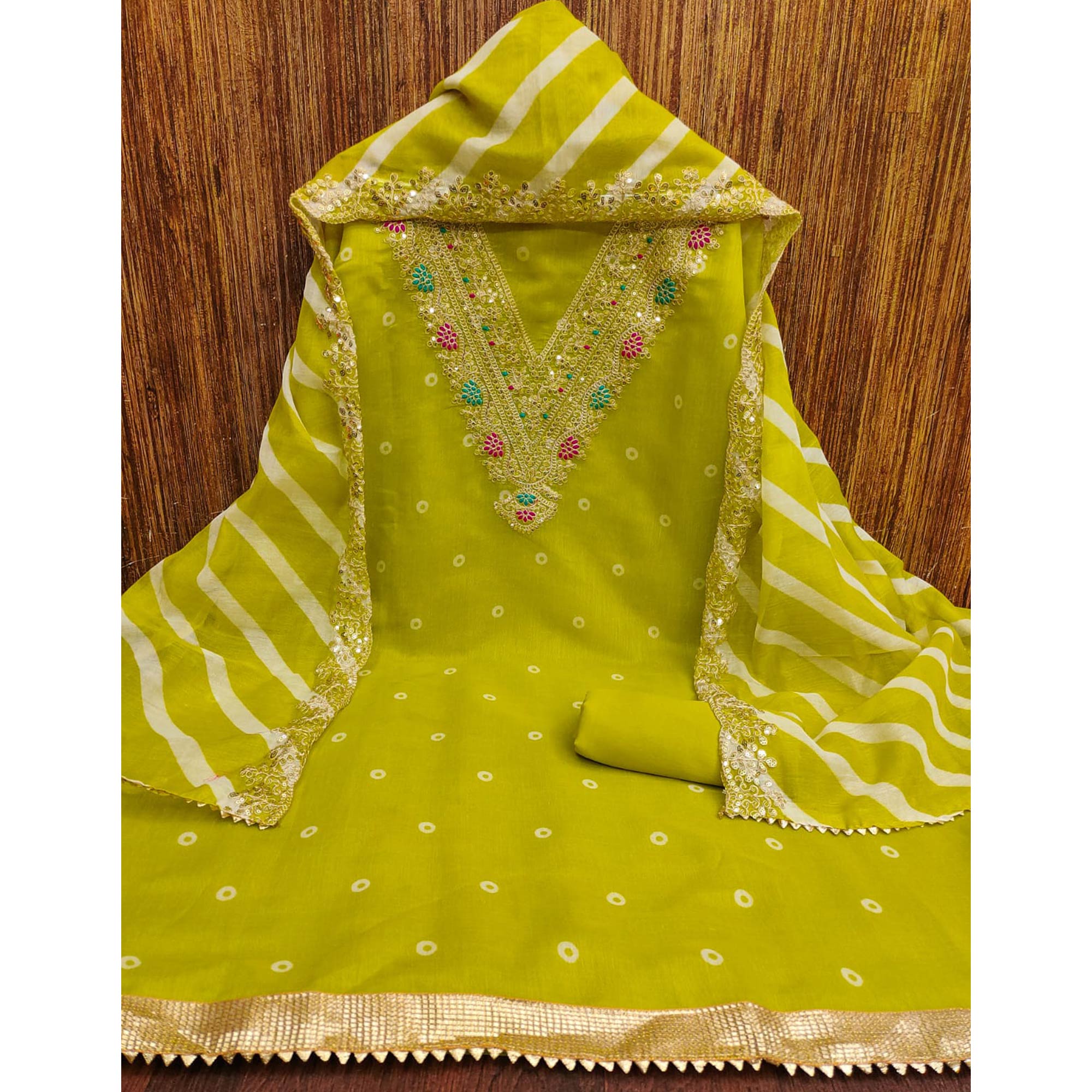 Green Printed Dress Material In Chanderi Silk with Intricate Cording & Sequin Work