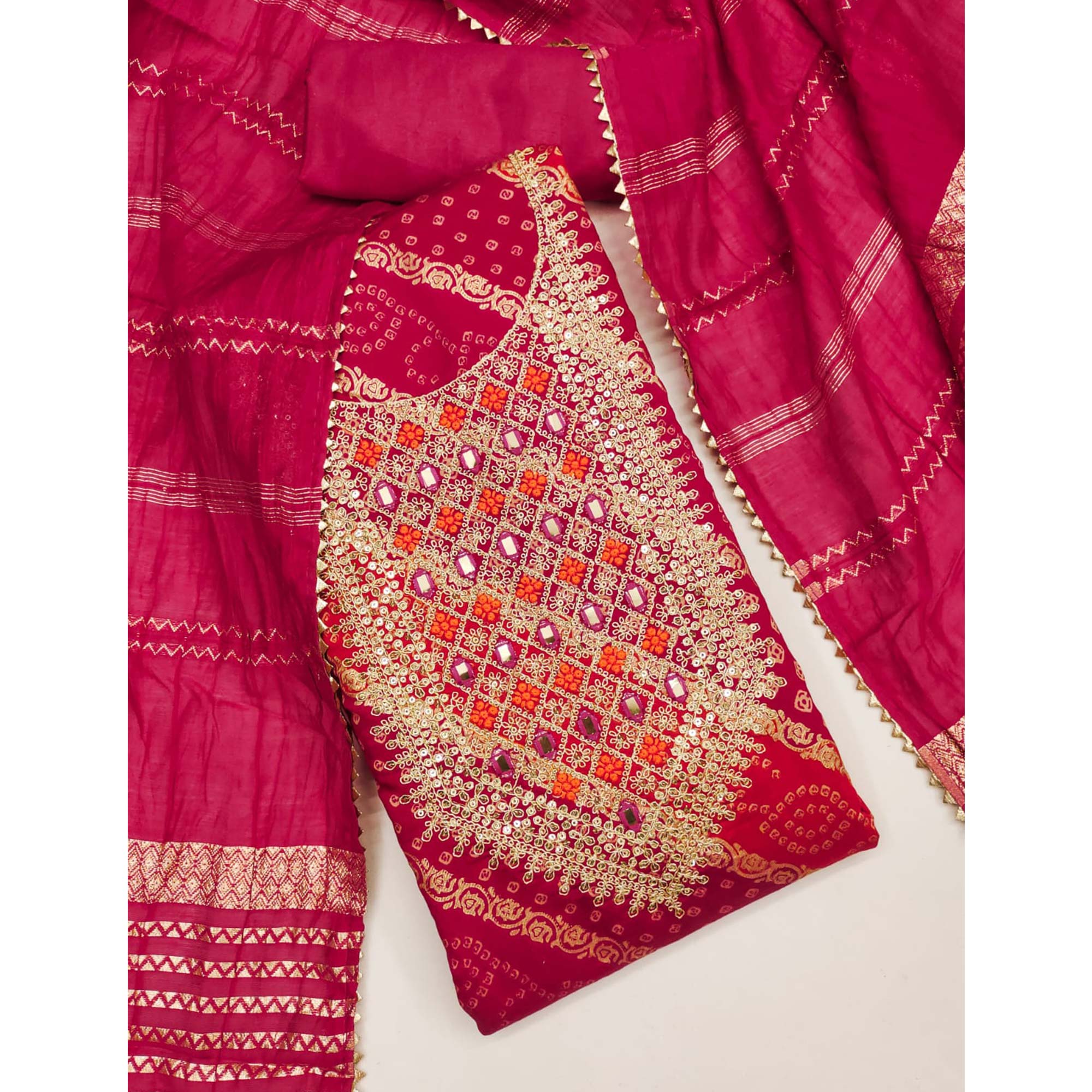 Rani Pink Bandhani Print On Roman Chanderi Silk With Cording & Sequins Work Dress Material