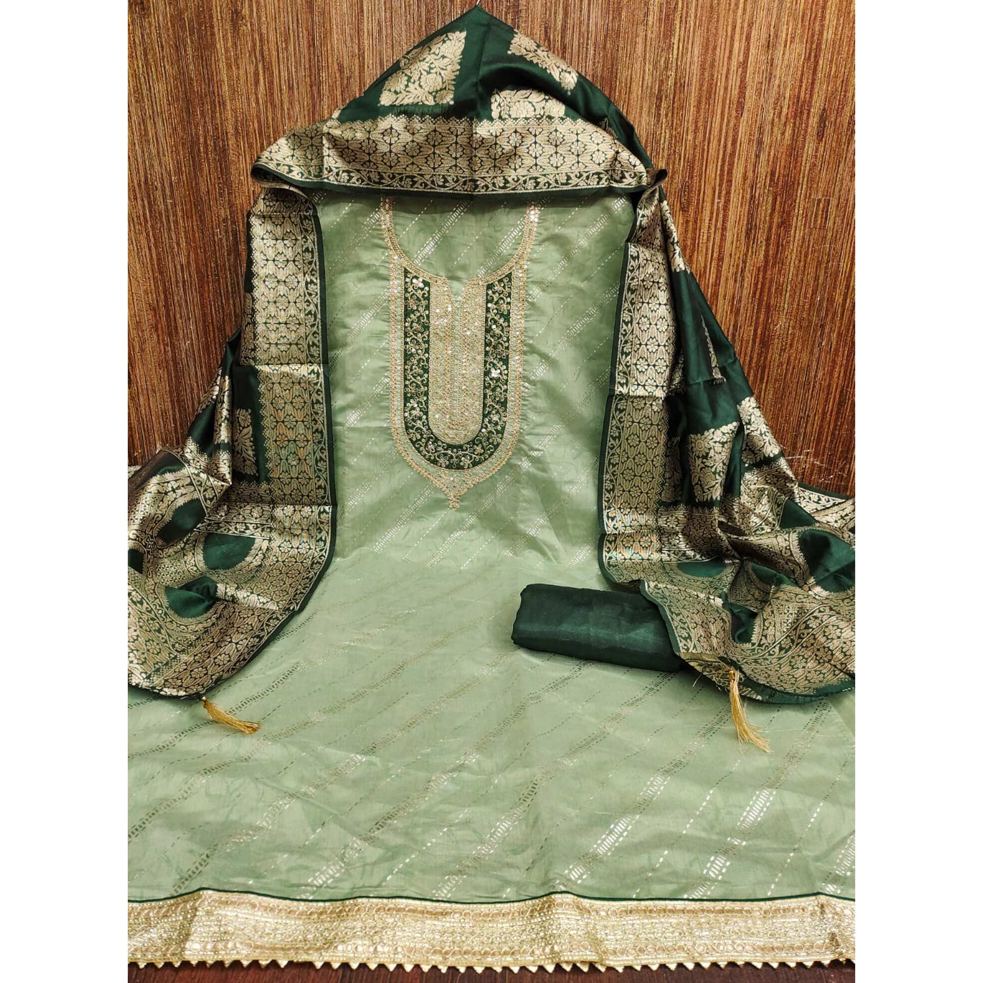 Green Floral Printed Chanderi Silk Dress Material Embellished With Sequins & Cording