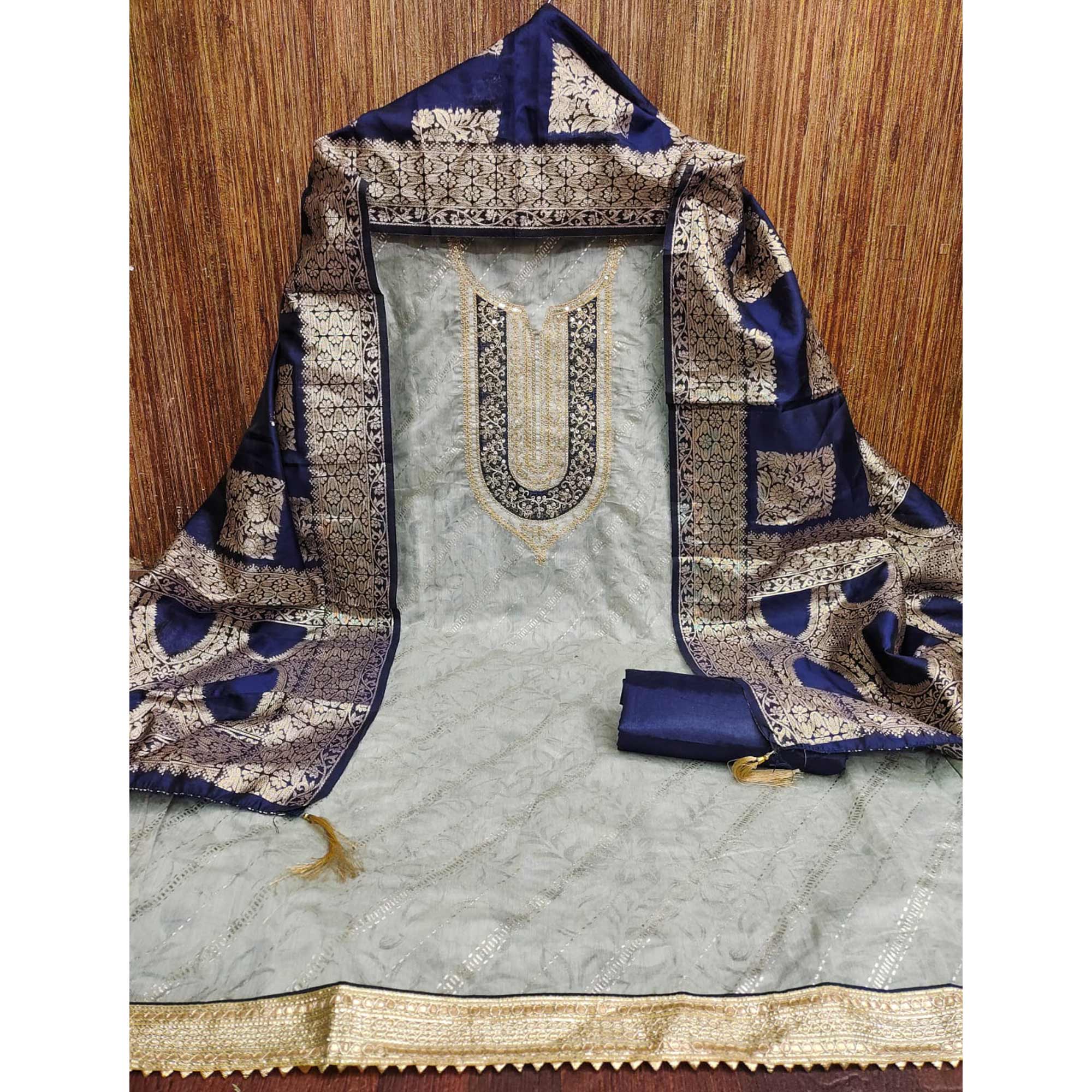 Grey Floral Printed Chanderi Silk Dress Material Embellished With Sequins & Cording