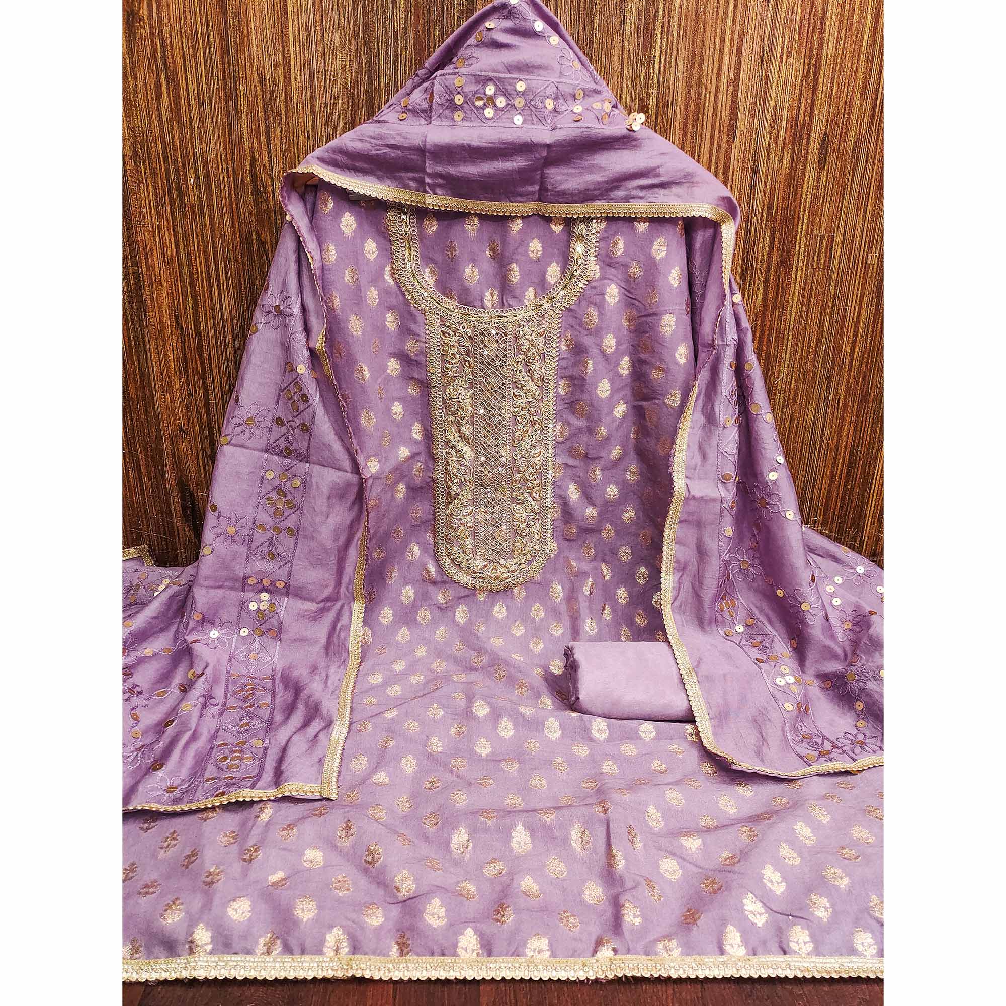 Lavender Chanderi Cotton Fabric with Elegant Butti Zari Weaving for a Festive Yet Soft Look