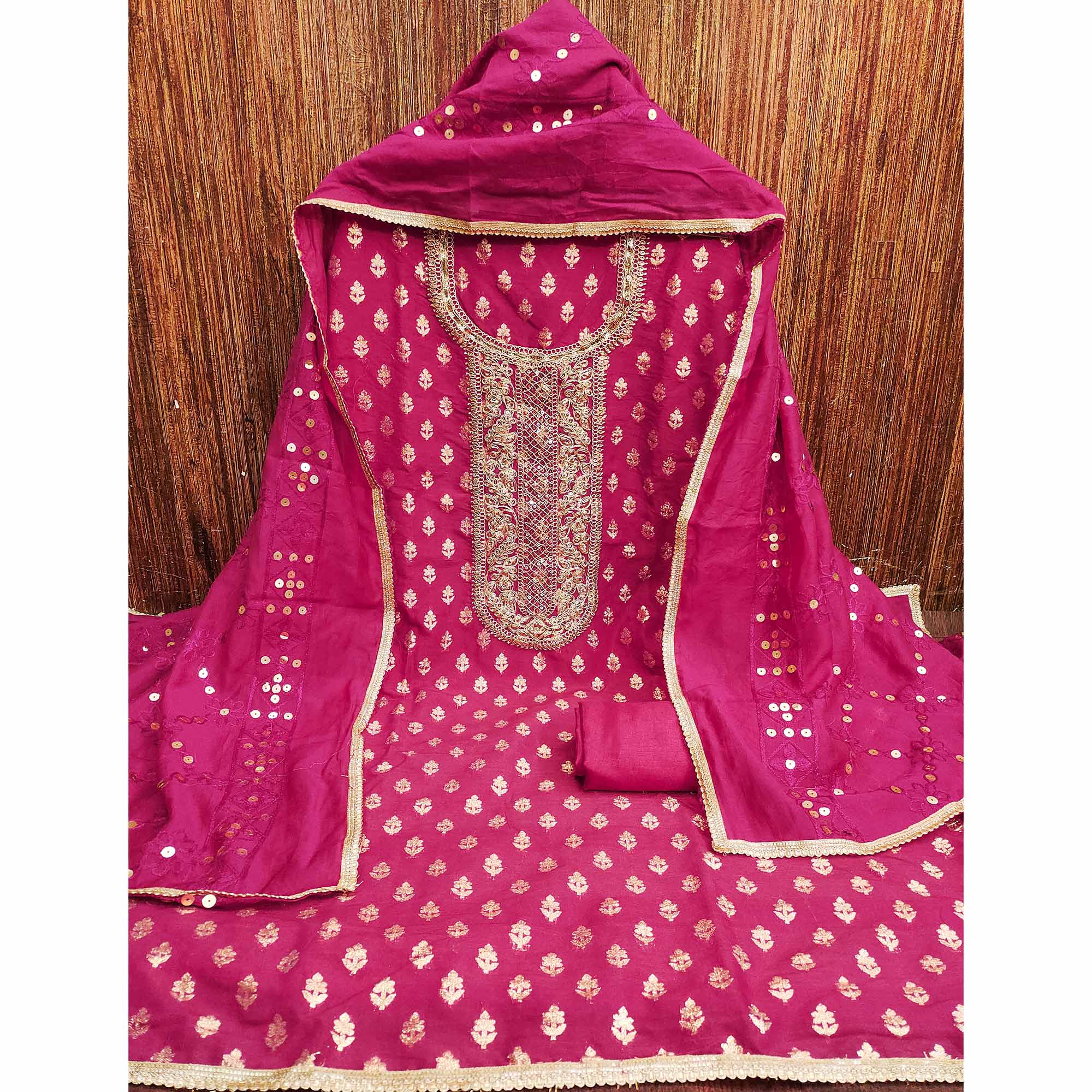 Pink Chanderi Cotton Fabric with Elegant Butti Zari Weaving for a Festive Yet Soft Look