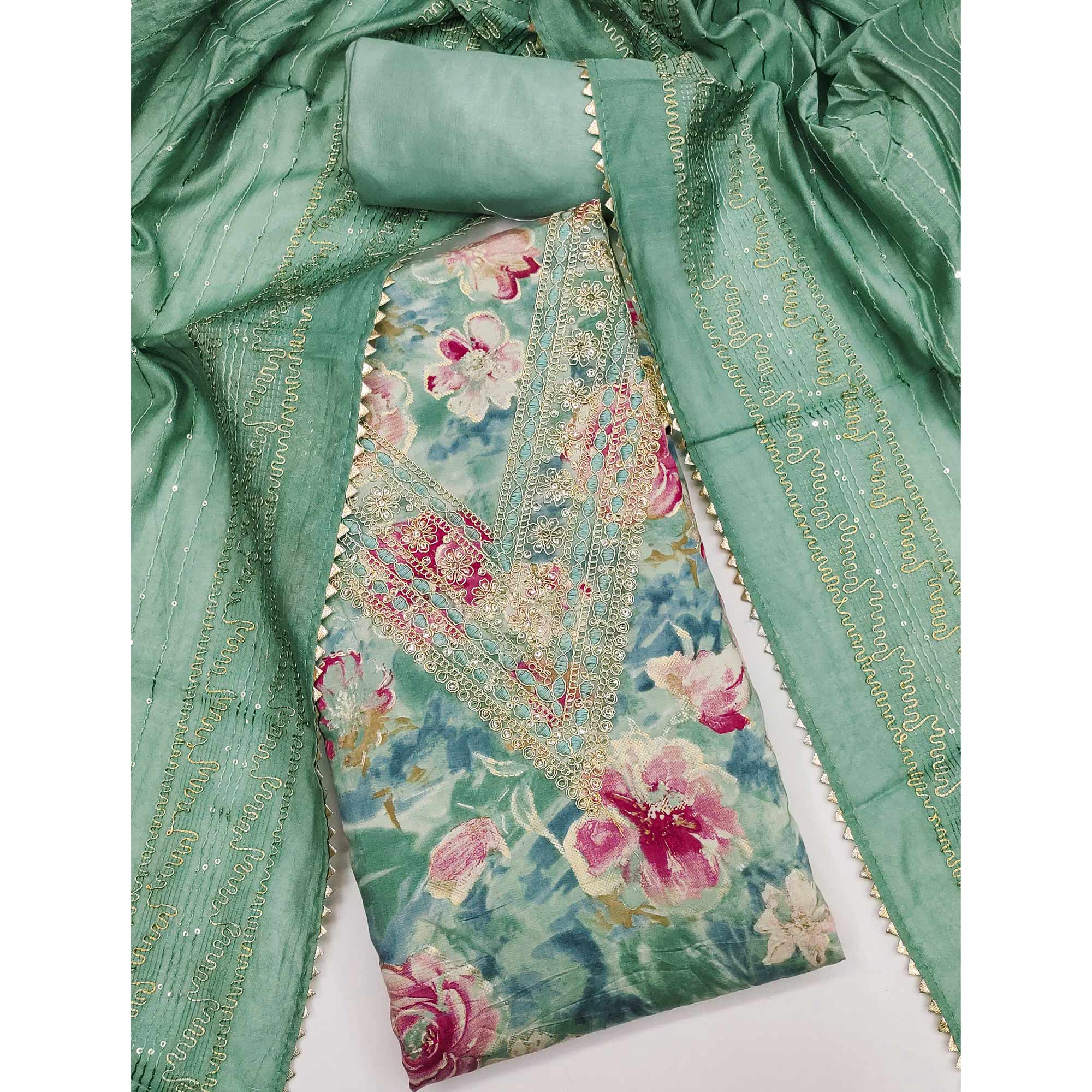 Pista Green Printed Dress Material With Sequins & Cording Work In Chanderi Roman Silk