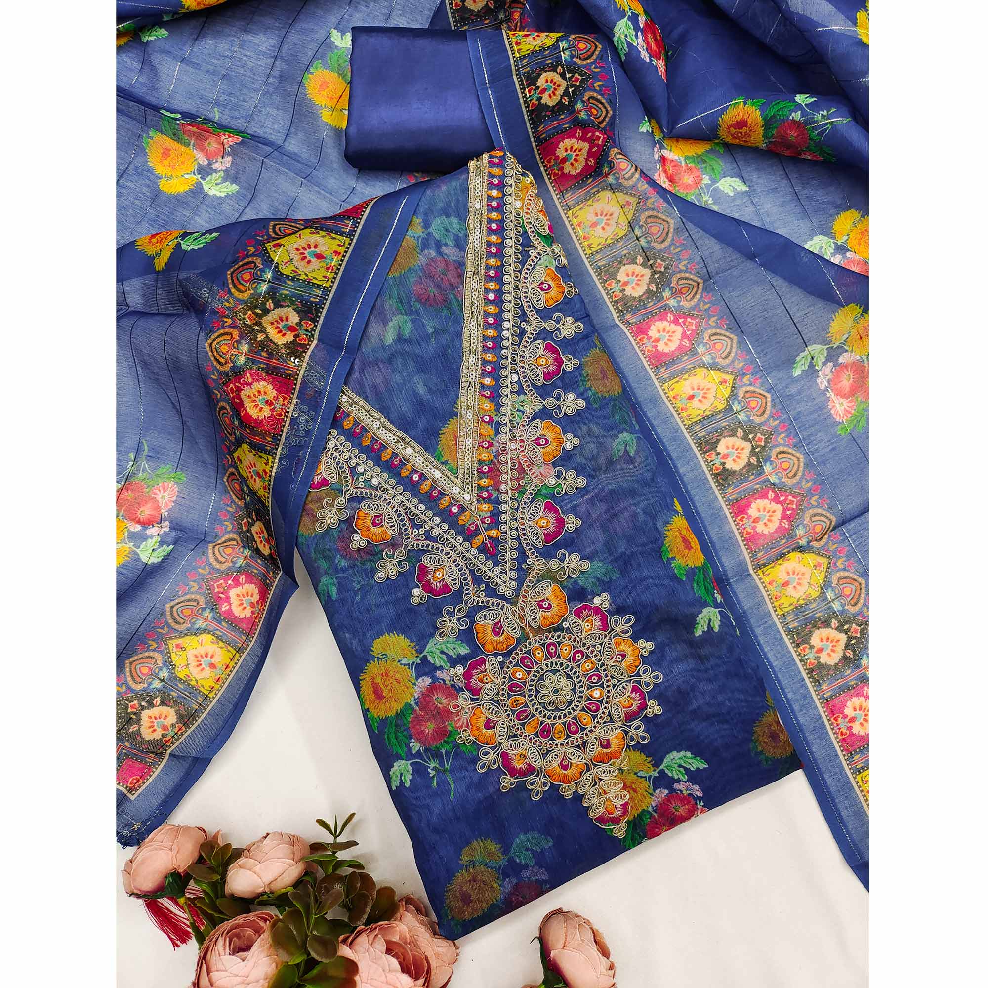 Blue Floral Digital Print Dress Material With Sequins & Cording Embroidery On Chanderi Silk