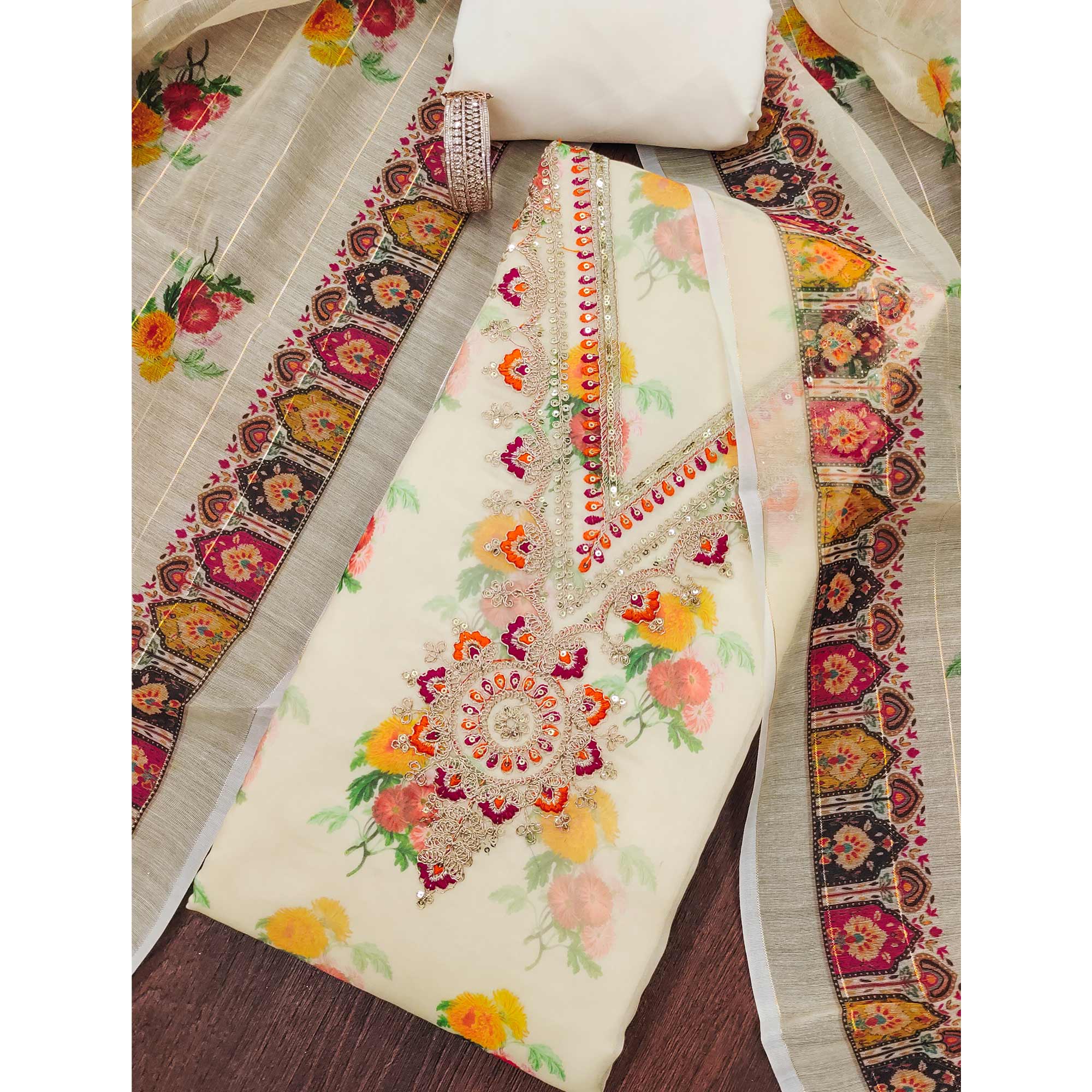 Cream Floral Digital Print Dress Material With Sequins & Cording Embroidery On Chanderi Silk