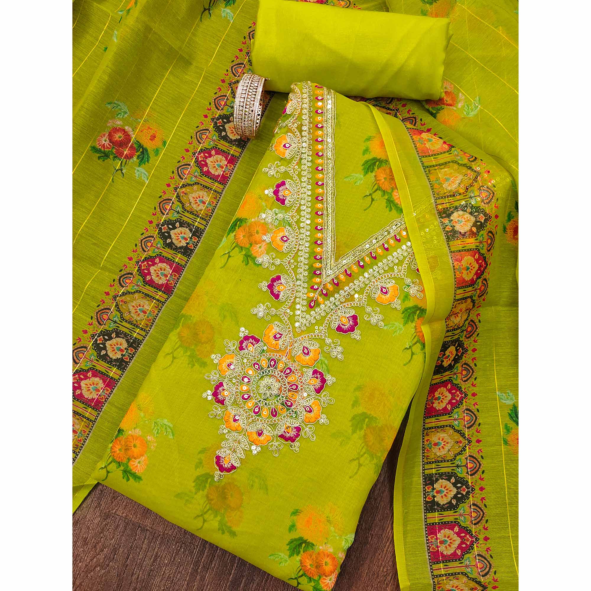 Green Floral Digital Print Dress Material With Sequins & Cording Embroidery On Chanderi Silk