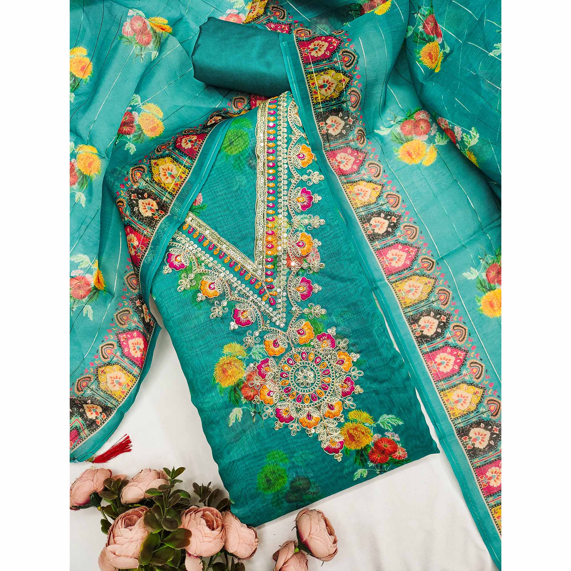 Teal Floral Digital Print Dress Material With Sequins & Cording Embroidery On Chanderi Silk
