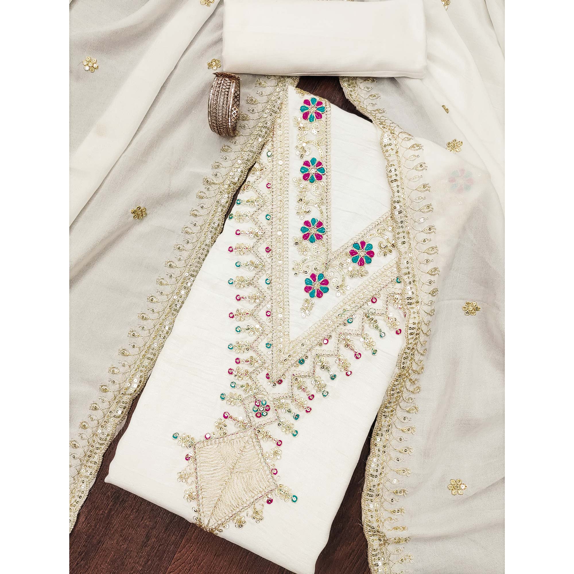 Cream Floral Printed Vichitra Silk Dress Material With Sequins & Cording Work