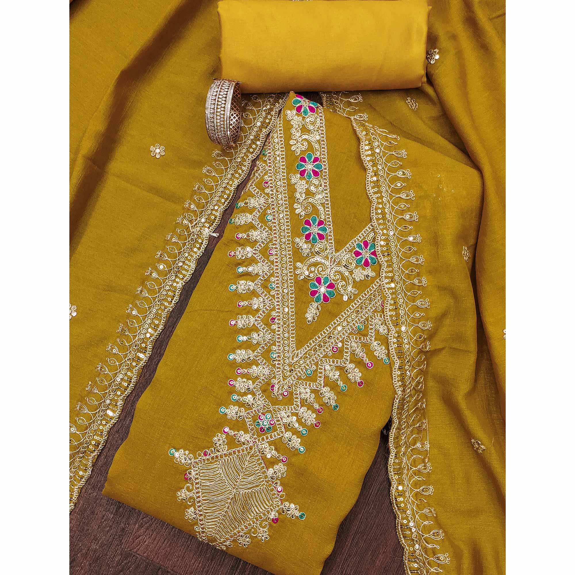Mustard Floral Printed Vichitra Silk Dress Material With Sequins & Cording Work