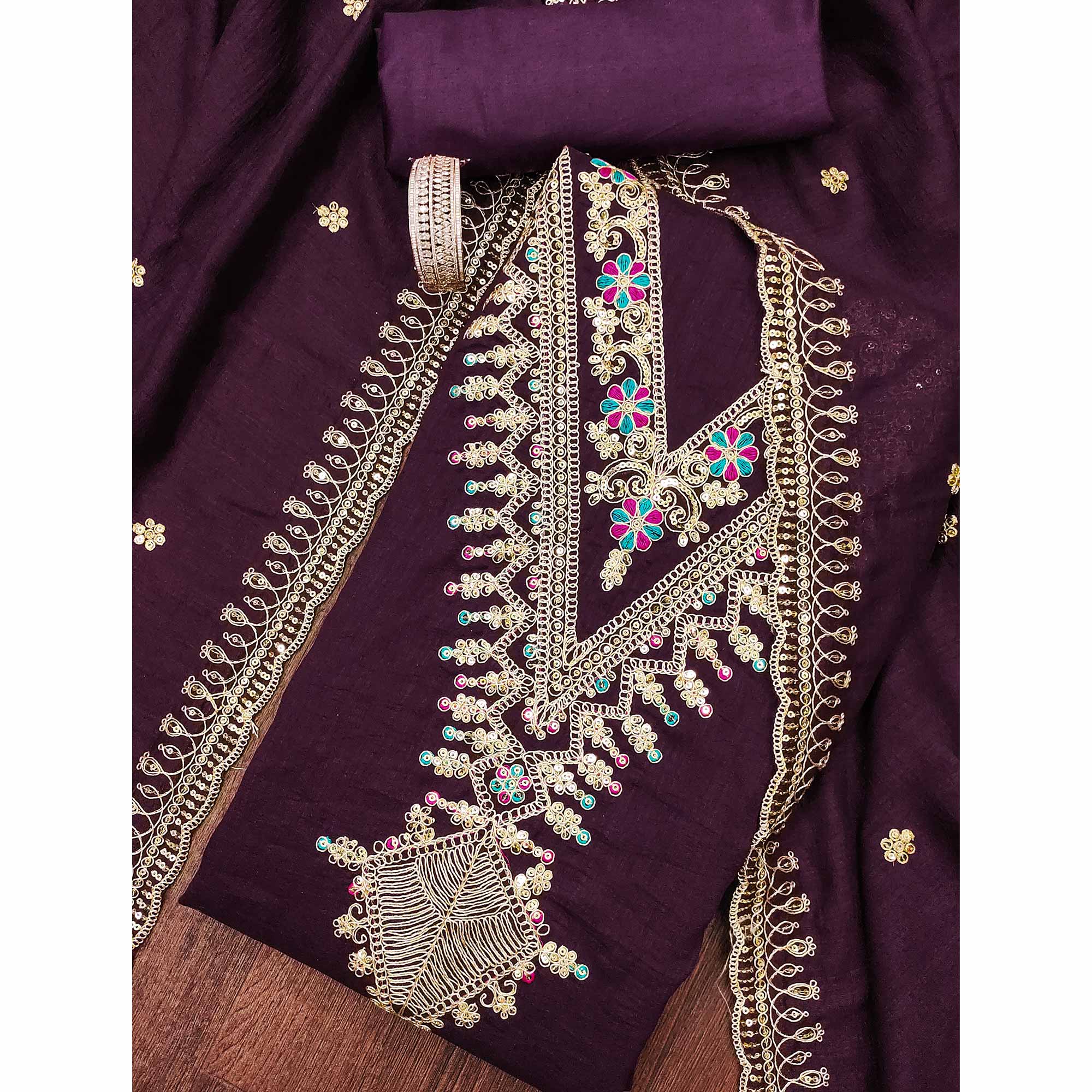 Wine Floral Printed Vichitra Silk Dress Material With Sequins & Cording Work