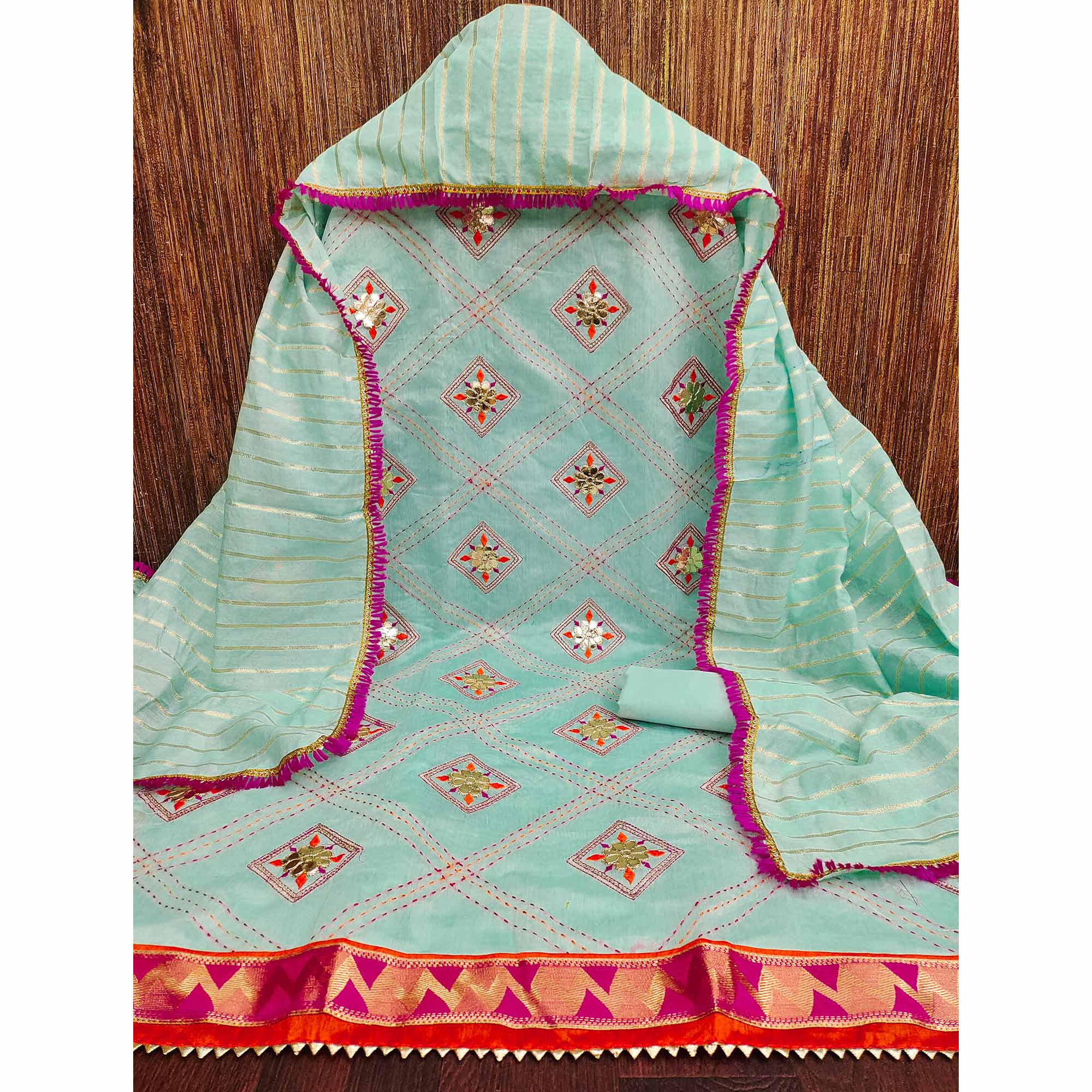 Blue Chanderi Dress Material Featuring Gota Patti Work & Delicate Floral Embroidery