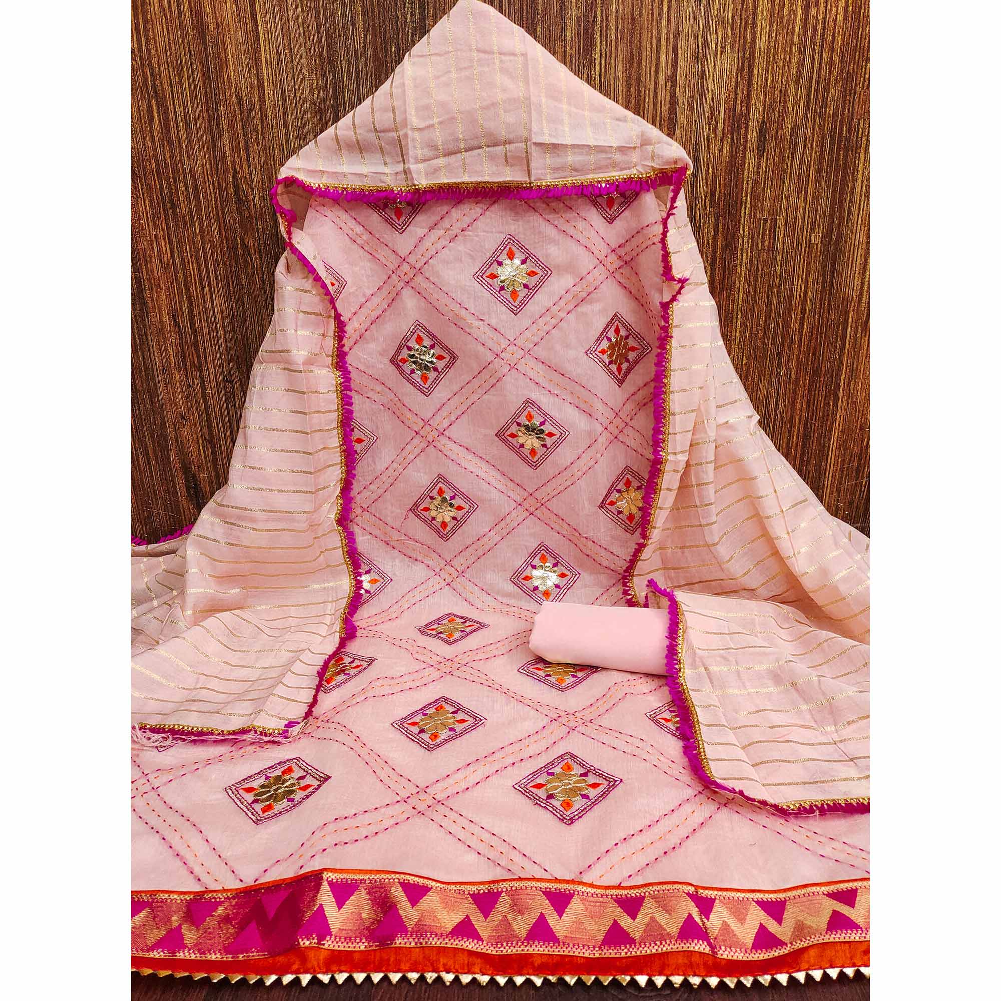 Peach Chanderi Dress Material Featuring Gota Patti Work & Delicate Floral Embroidery