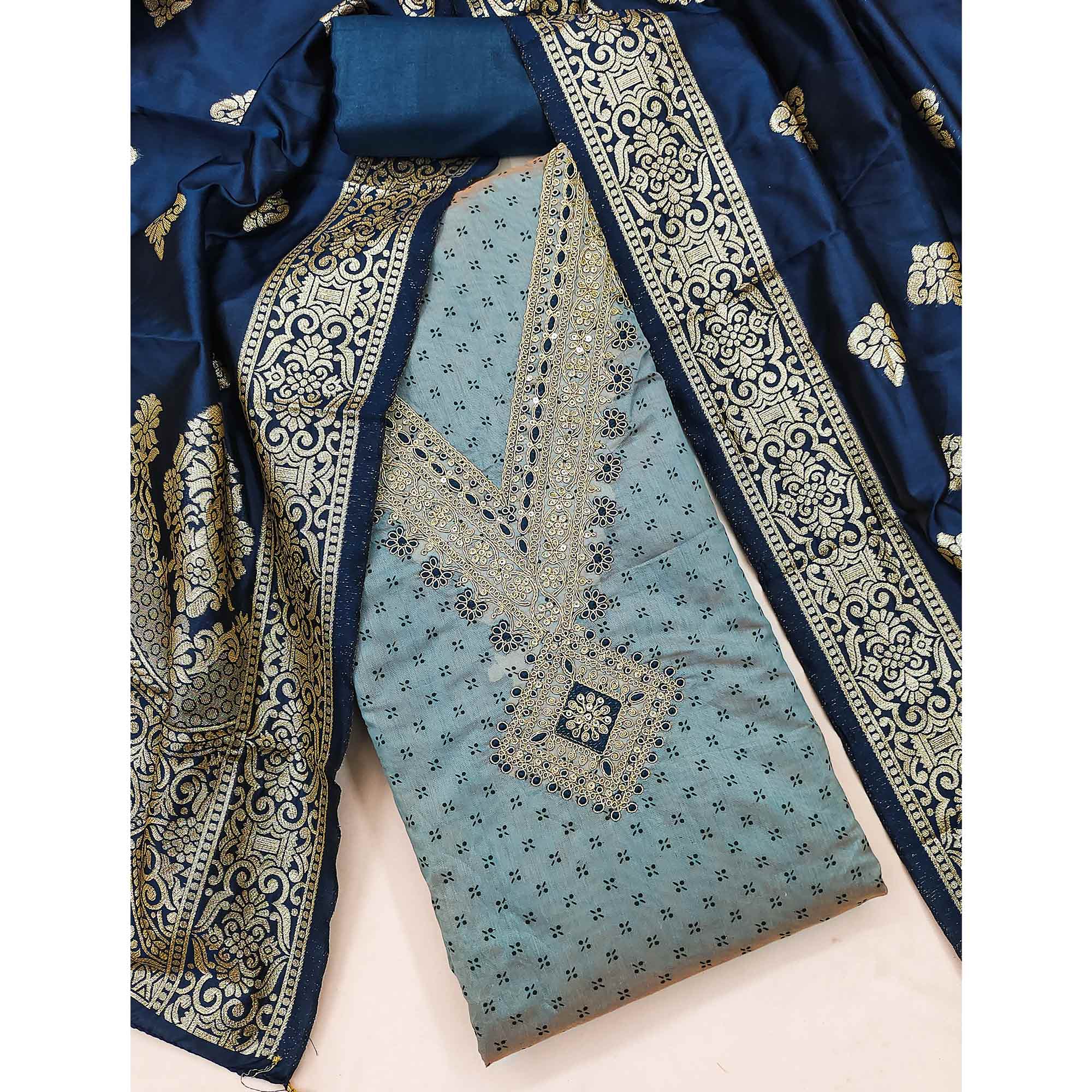 Grey Printed Chanderi Silk Dress Material With Cording Sequins Embroidery On Neck