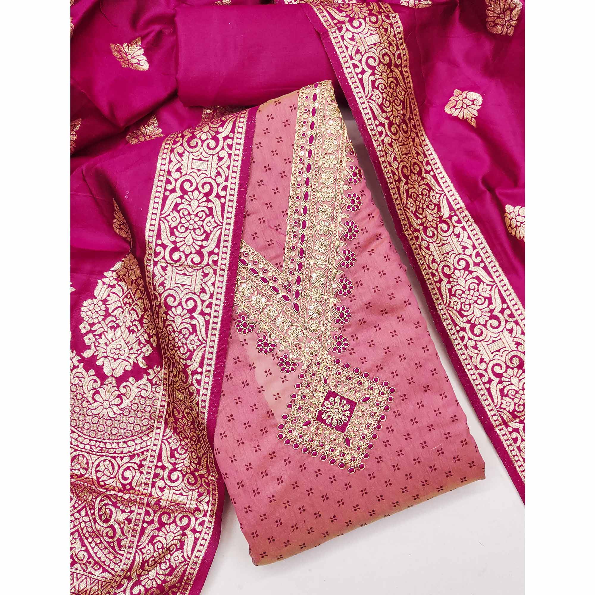 Pink Printed Chanderi Silk Dress Material With Cording Sequins Embroidery On Neck