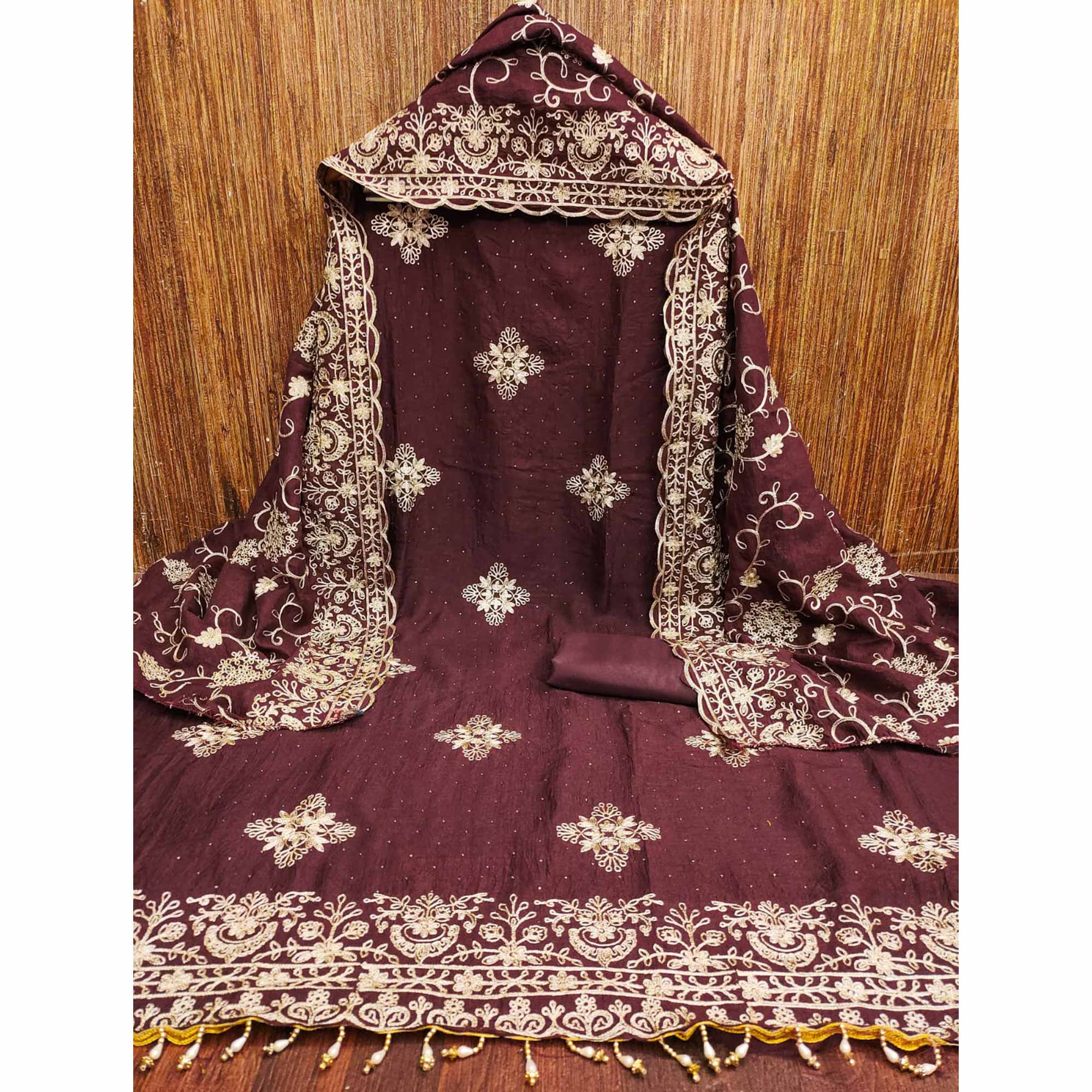 Brown Floral Zari Embroidery With Swarovski Work Vichitra Silk Dress Material