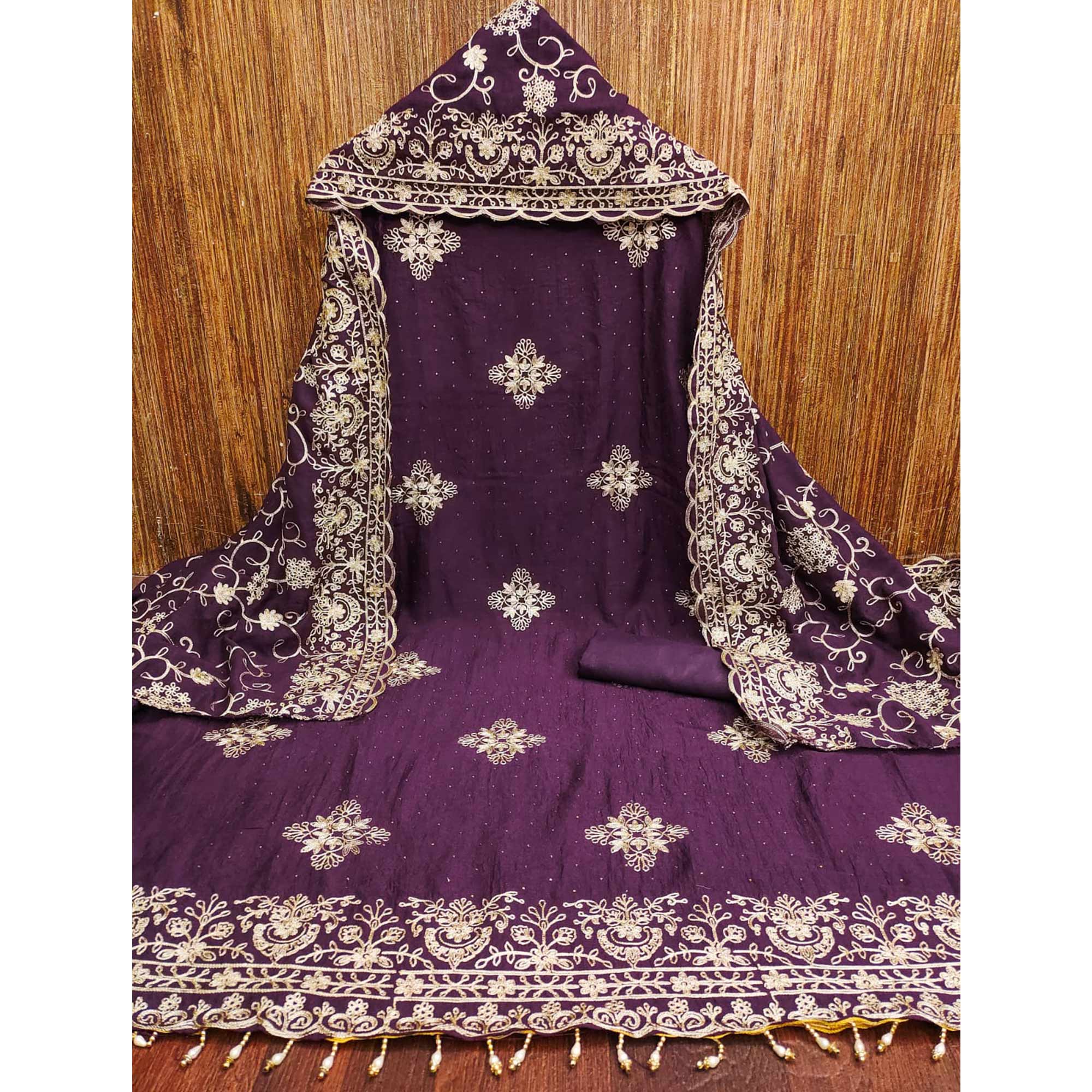 Wine Floral Zari Embroidery With Swarovski Work Vichitra Silk Dress Material