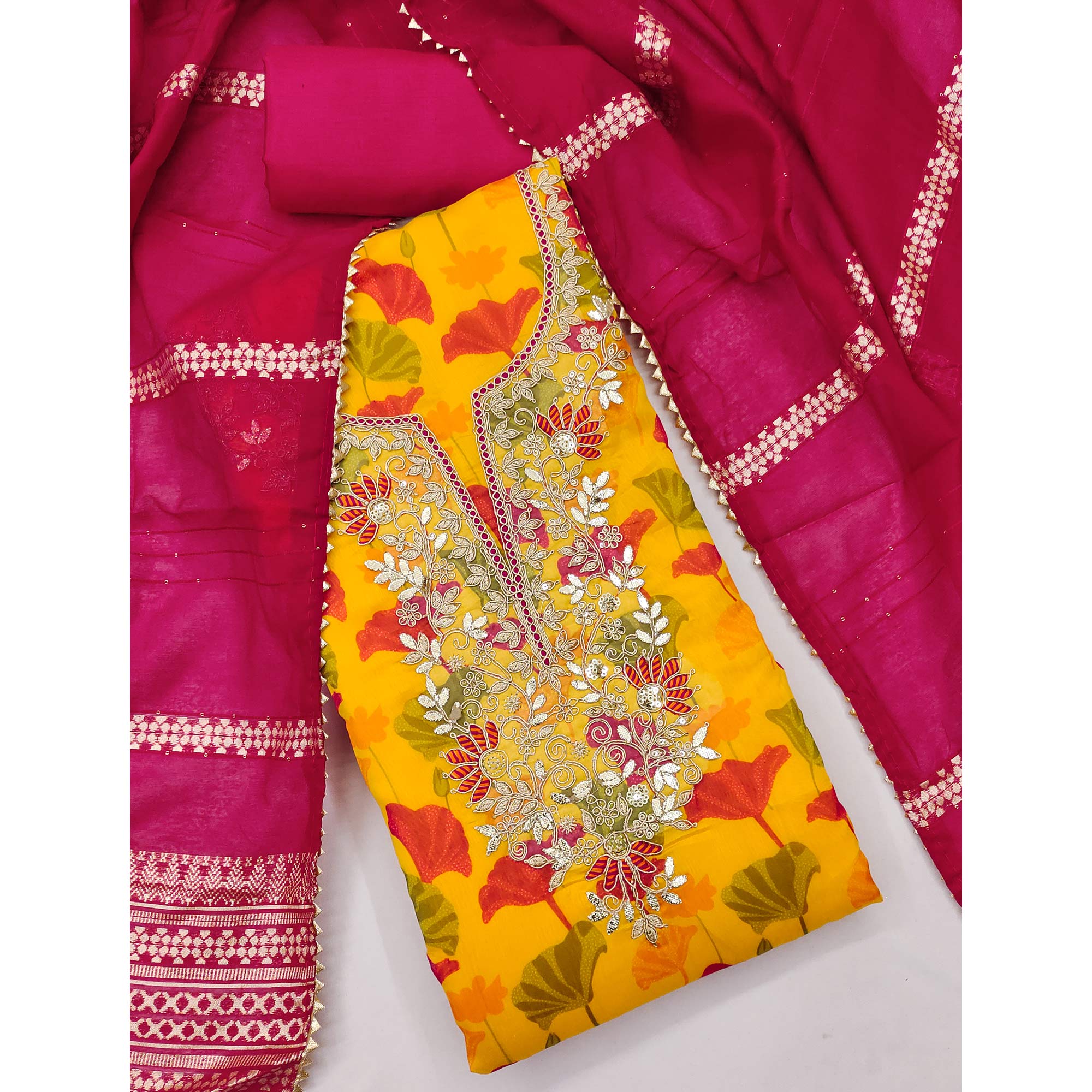 Yellow Floral Printed With Sequins & Cording Embroidery Chanderi Silk Dress Material