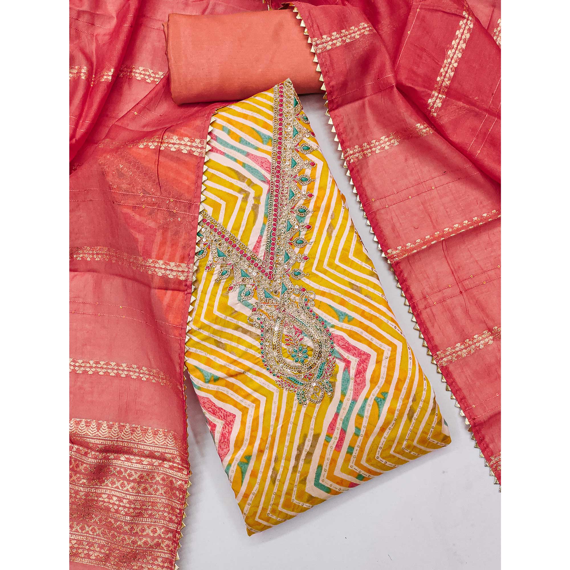 Yellow Zig Zag Printed With Sequins & Cording Embroidery Chanderi Silk Dress Material