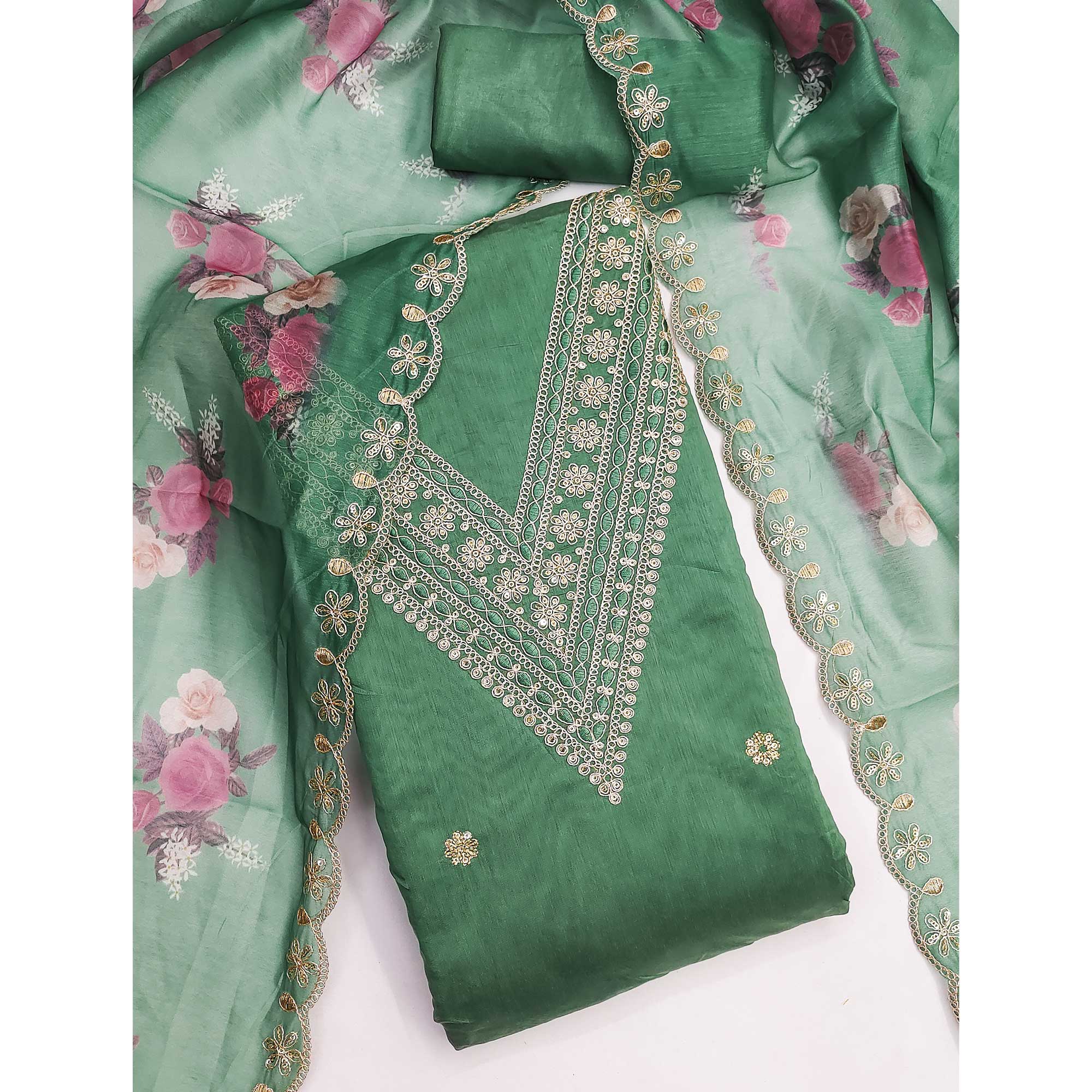 Green Floral Cording Embroidery With Sequins Work Chanderi Silk Dress Material