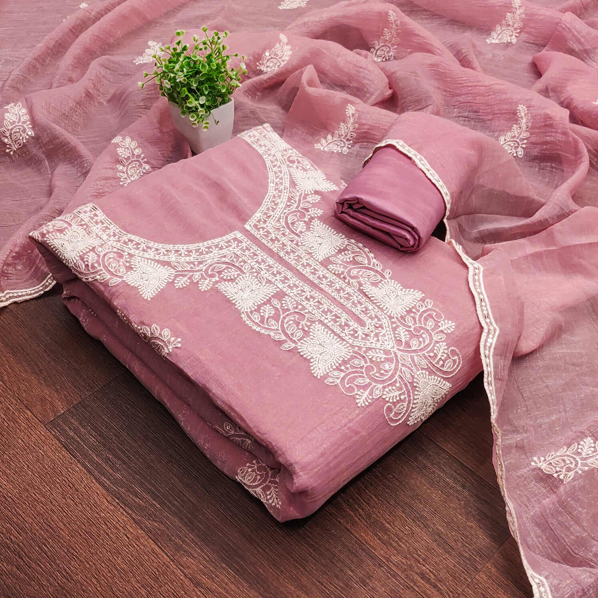 Pink Georgette Crunchy Silk Dress Material with Elegant Floral Thread Embroidery & Sequins Work