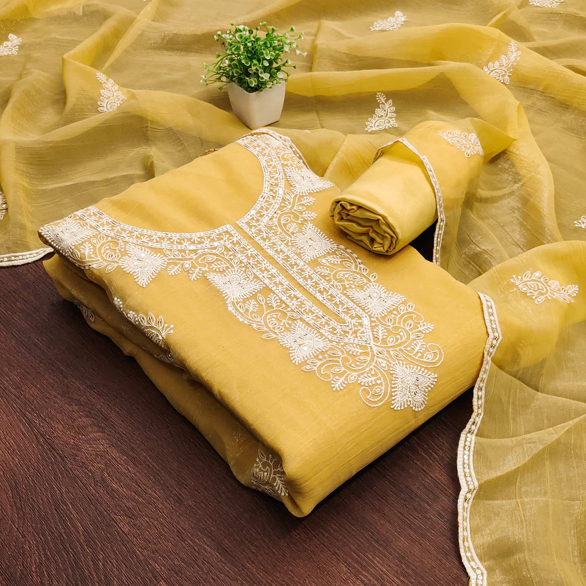 Yellow Georgette Crunchy Silk Dress Material with Elegant Floral Thread Embroidery & Sequins Work