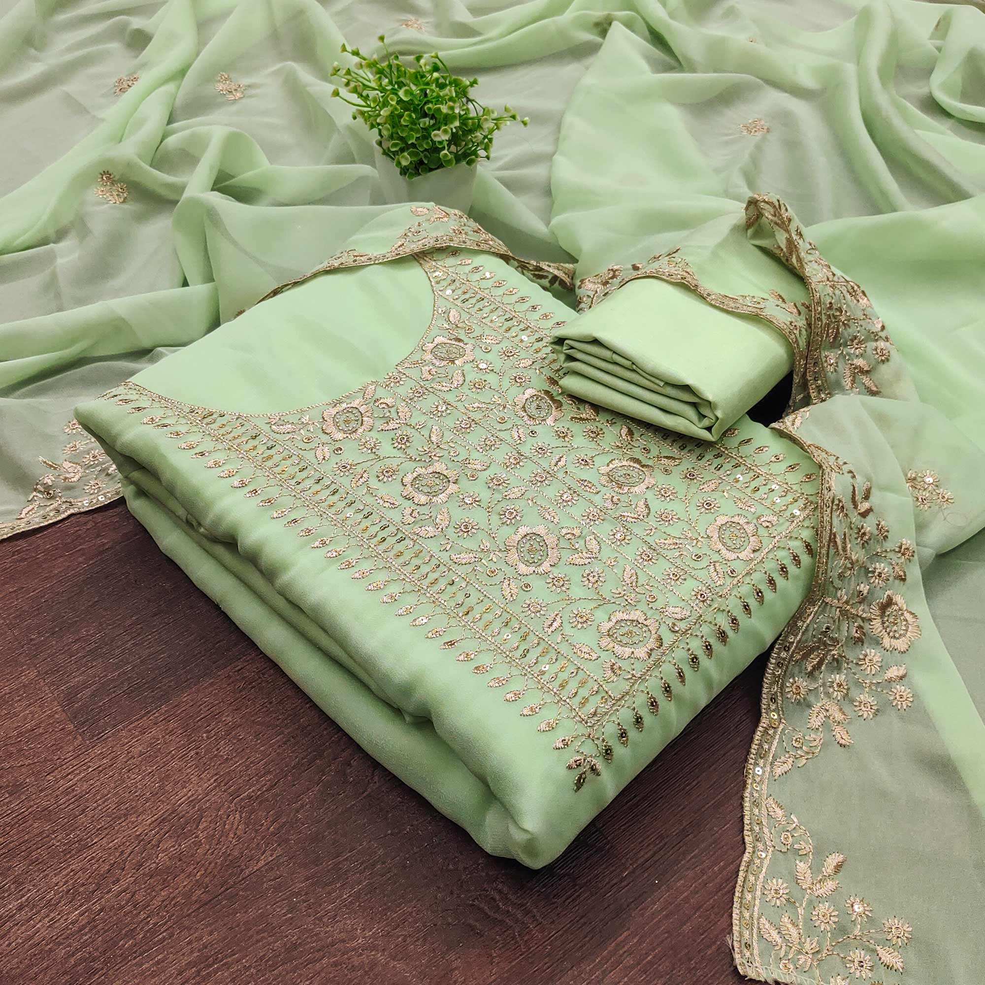 Green Georgette Dress Material With Intricate Floral Zari Embroidery & Sequins Work