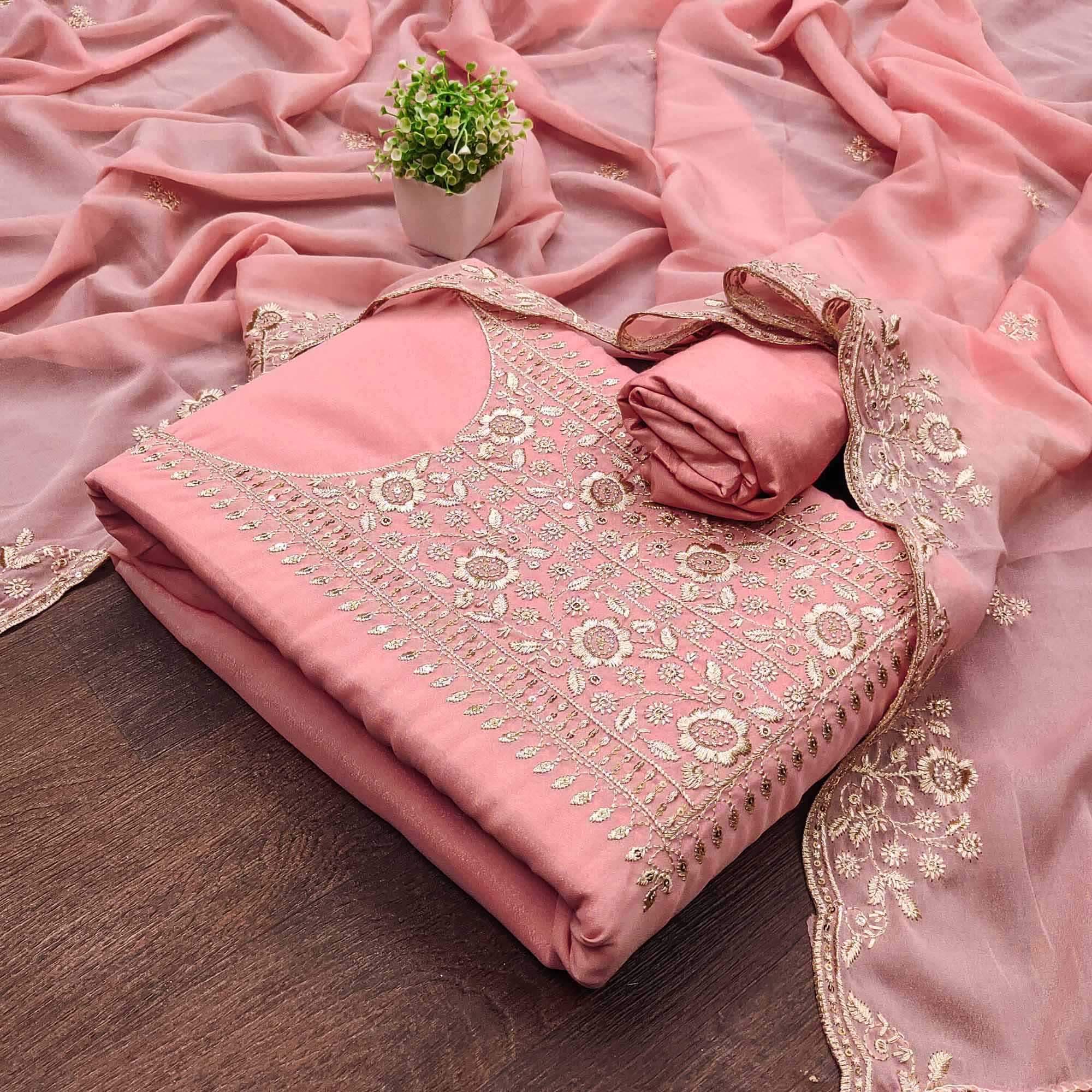 Peach Georgette Dress Material With Intricate Floral Zari Embroidery & Sequins Work