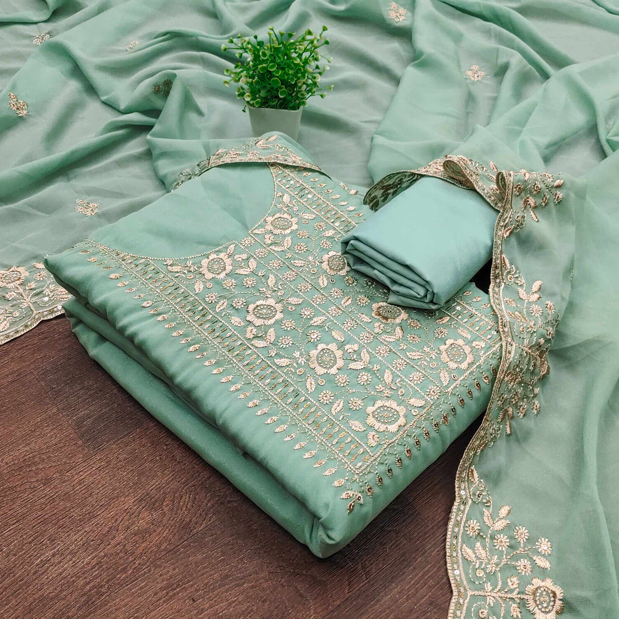 Turquoise Georgette Dress Material With Intricate Floral Zari Embroidery & Sequins Work