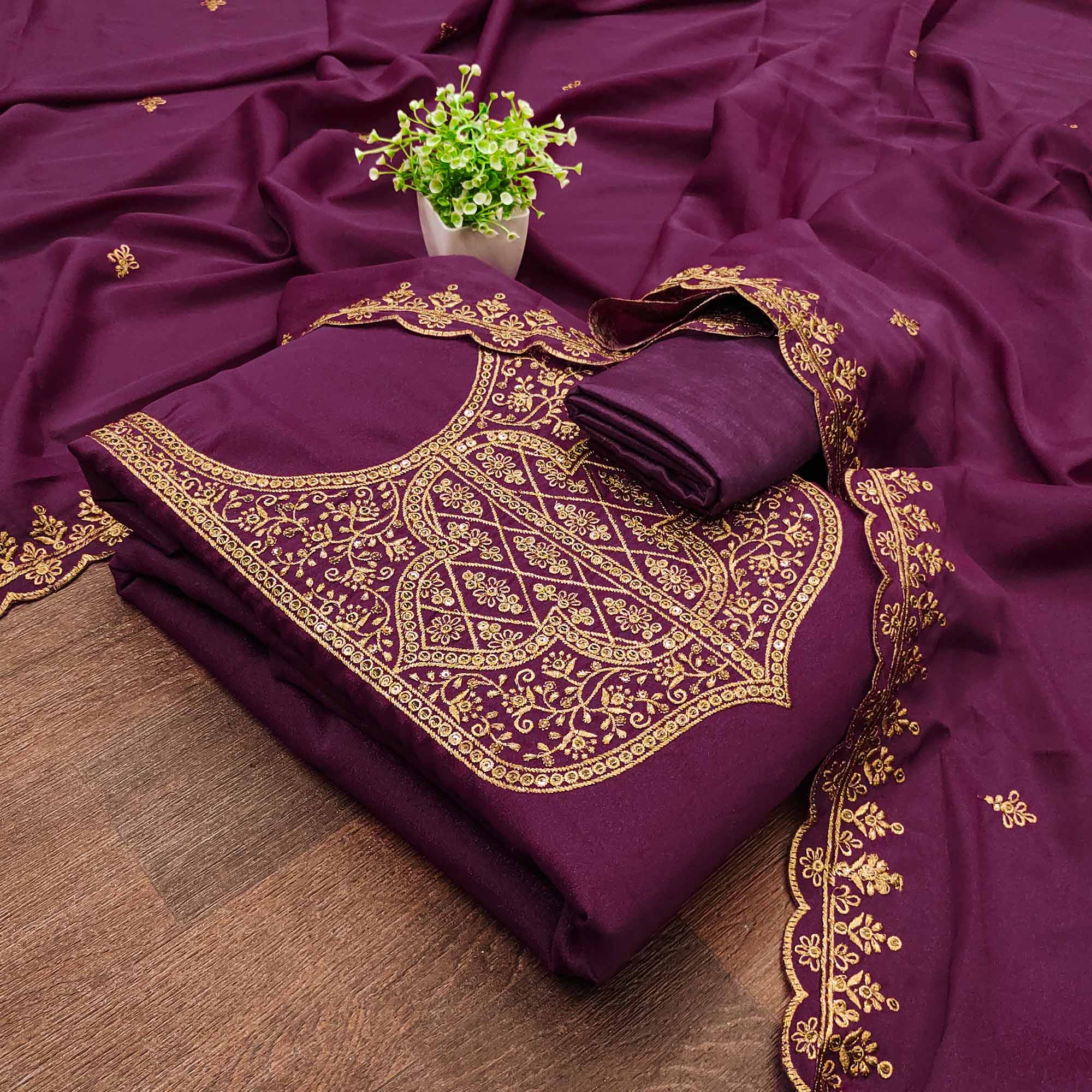 Wine Georgette Dress Material With Sparkling Sequins & Zari Floral Embroidery